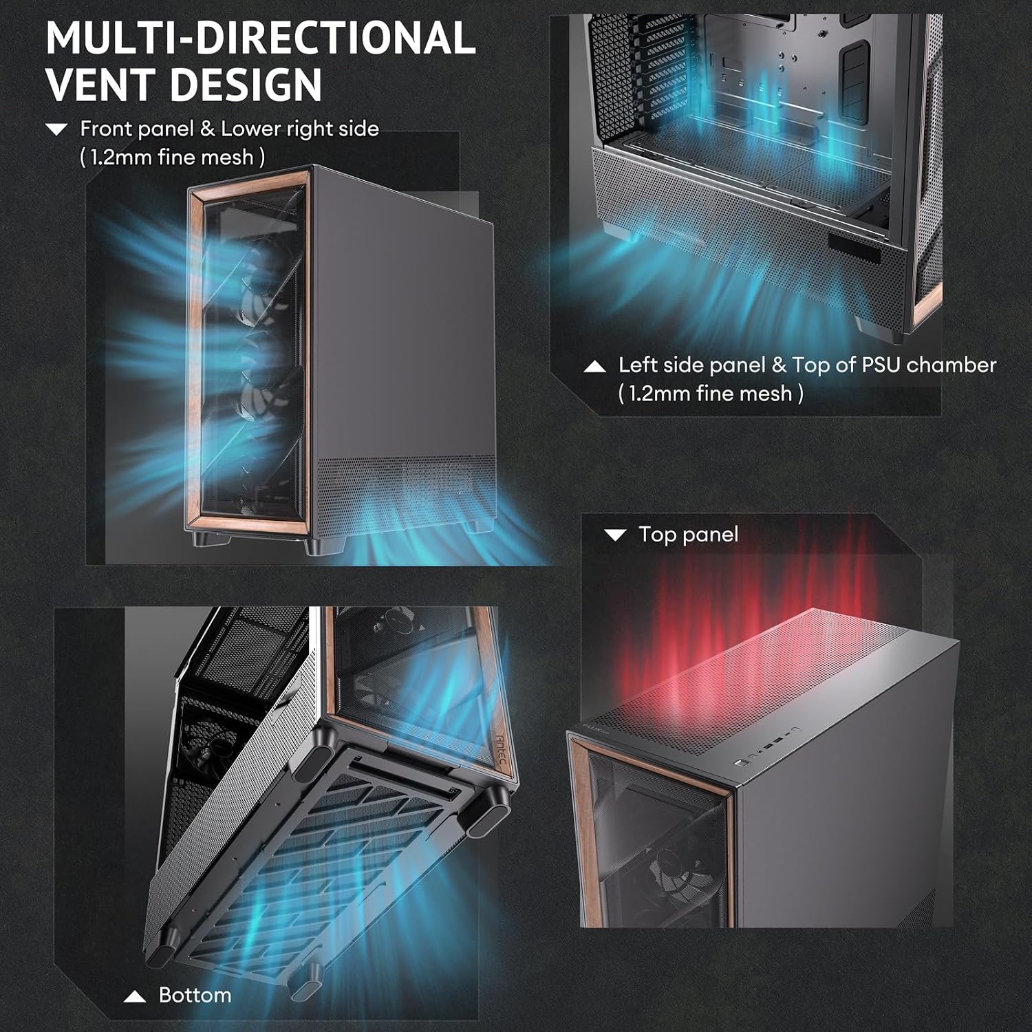 Antec Flux Pro Full-Tower E-ATX PC Case, 6 PWM Fans Included, Black | 6 PWM Fans, Walnut Wood Front Panel, High-Airflow, 90° Rotated PSU Mount, 420mm Radiator Support, CPU & GPU Temp Display