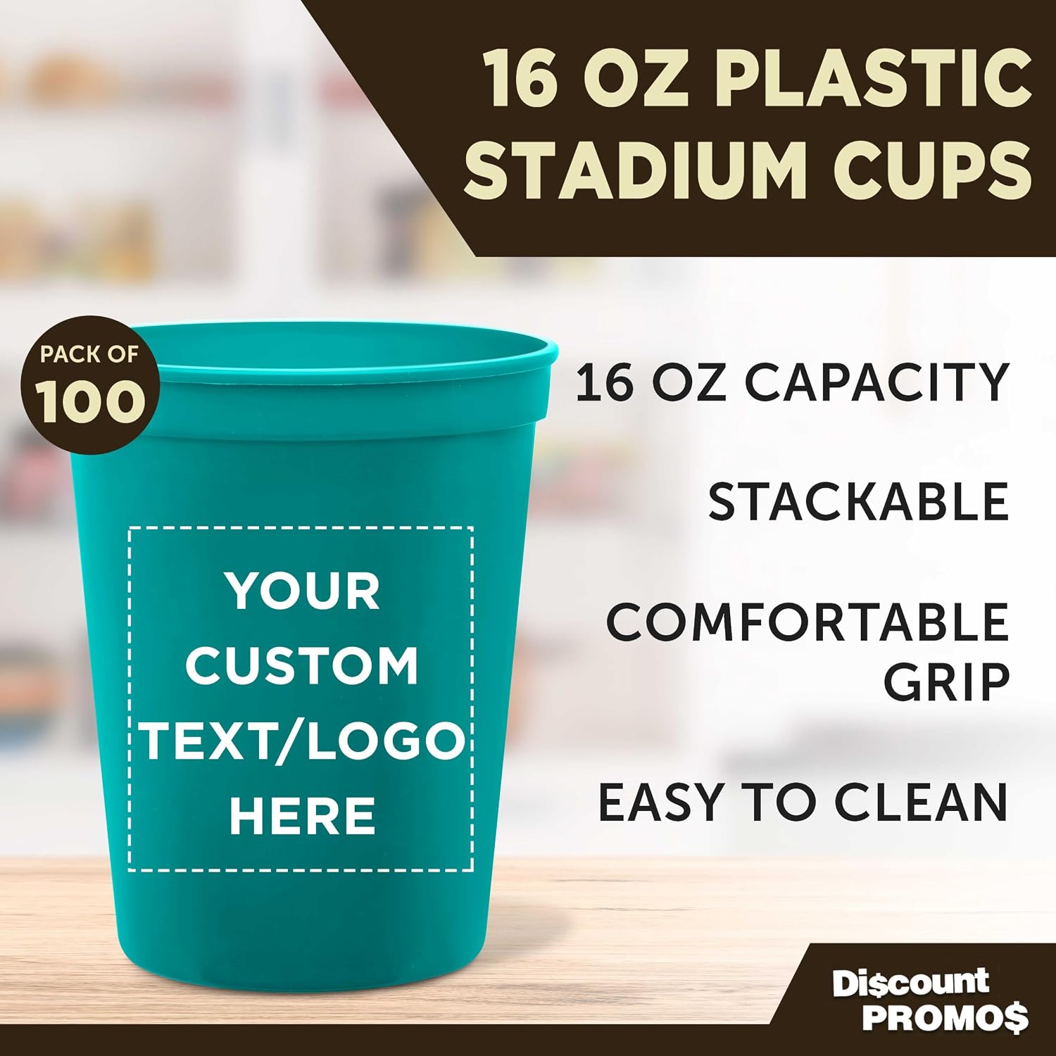 DISCOUNT PROMOS Custom Plastic Stadium Cups 16 oz. Set of 10/50/100, Personalized Bulk Pack - Perfect for Birthdays, Weddings, Picnic, Beach