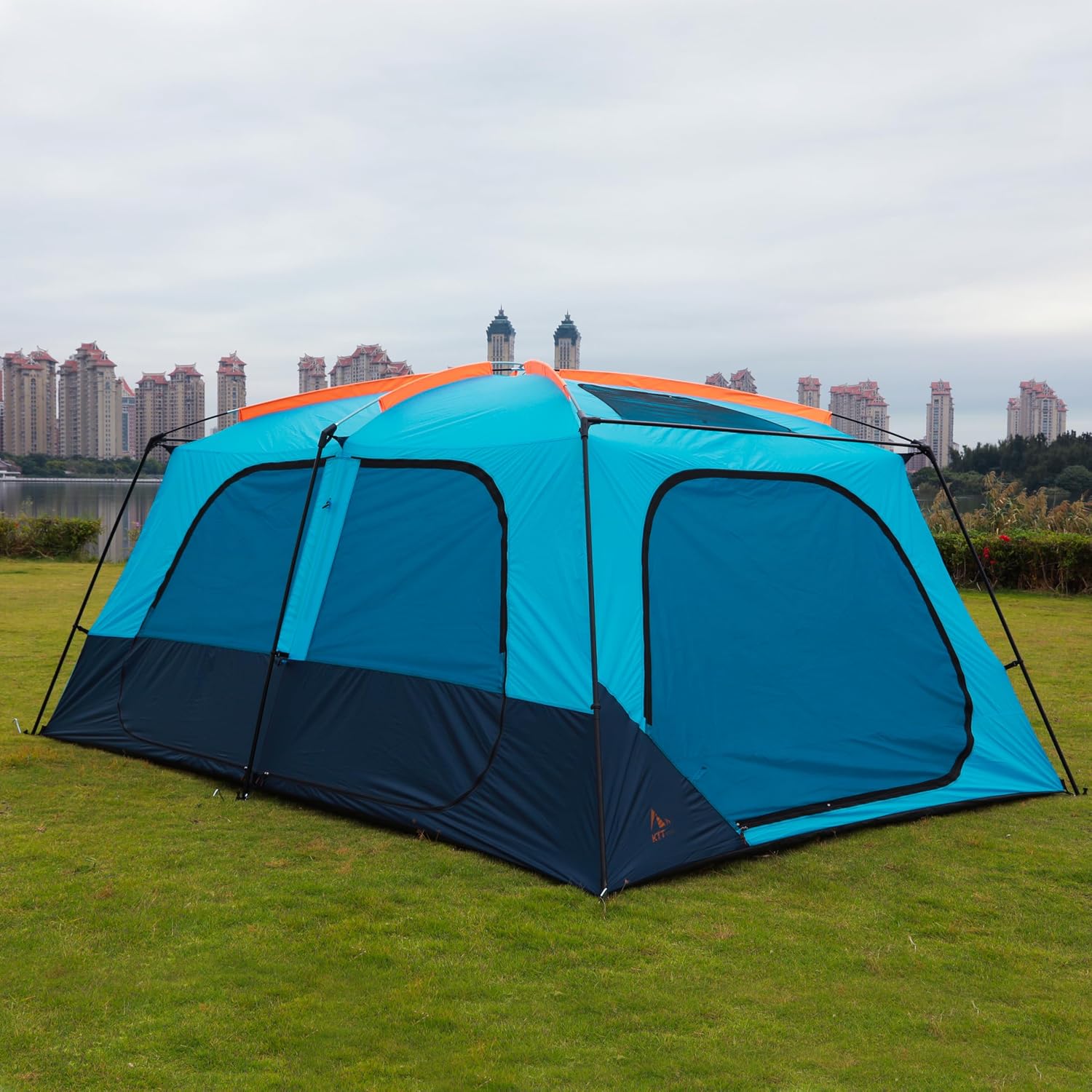 KTT Extra Large Tent 12-14 Person, Family Cabin Tents, 2 Rooms, Straight Wall, 2 Doors 4 Windows with Mesh, Waterproof, Double Layer