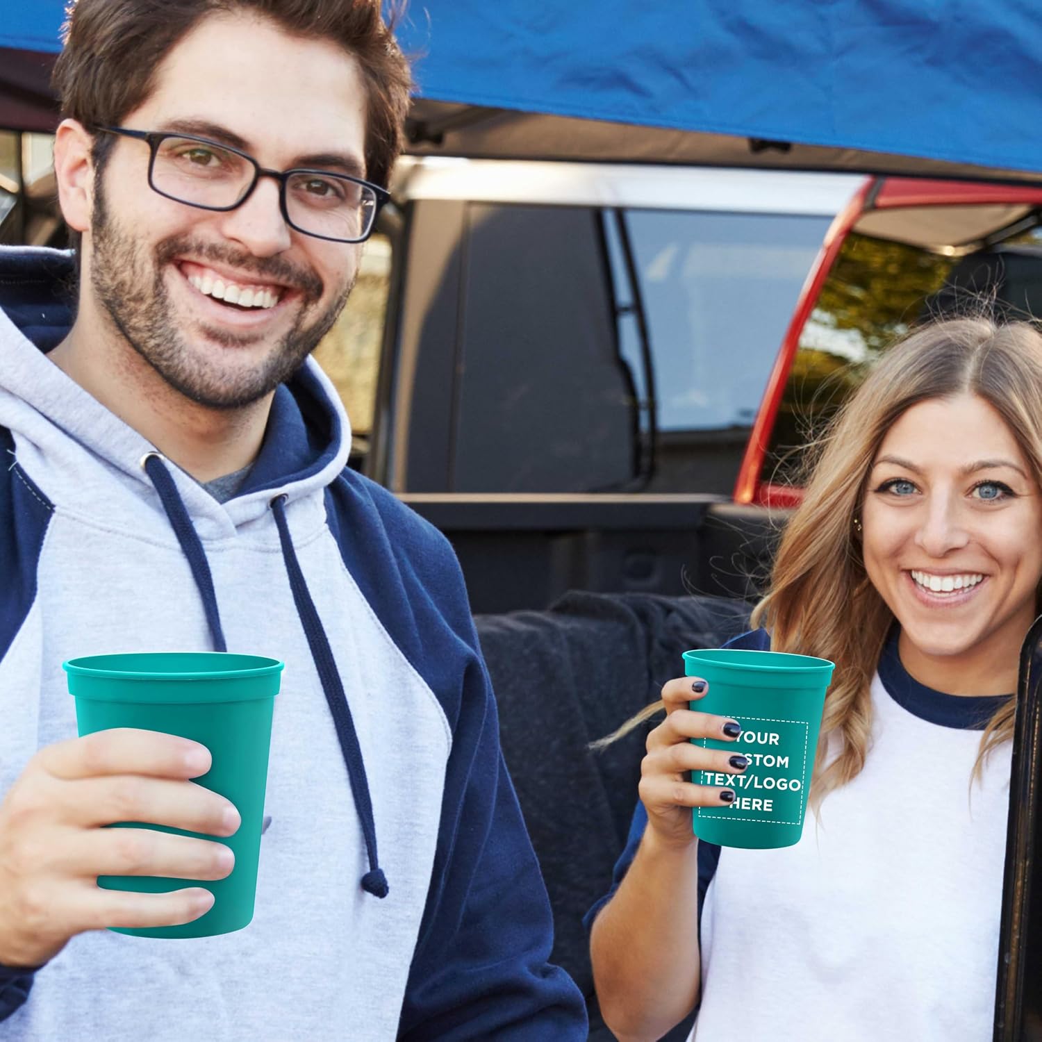 DISCOUNT PROMOS Custom Plastic Stadium Cups 16 oz. Set of 10/50/100, Personalized Bulk Pack - Perfect for Birthdays, Weddings, Picnic, Beach