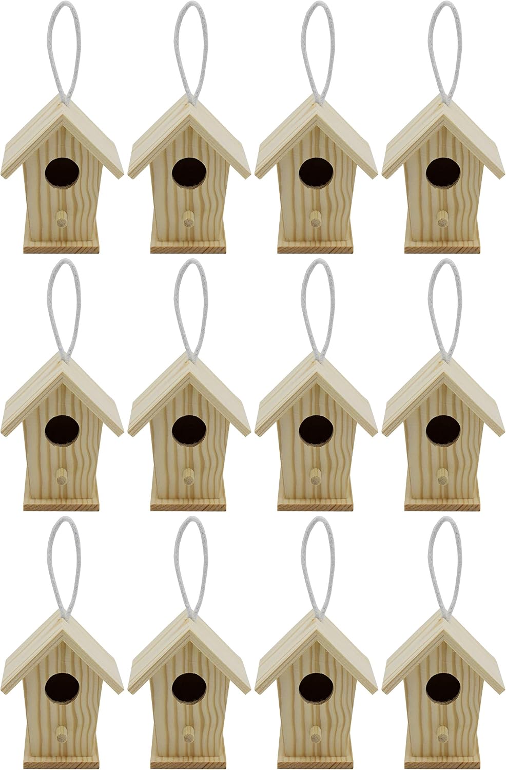 Creative Hobbies 12-Pack of Mini Wooden Bird Houses to Paint, with Hanging Cords, Unfinished DIY Design Your Own Great for Crafts, Weddings