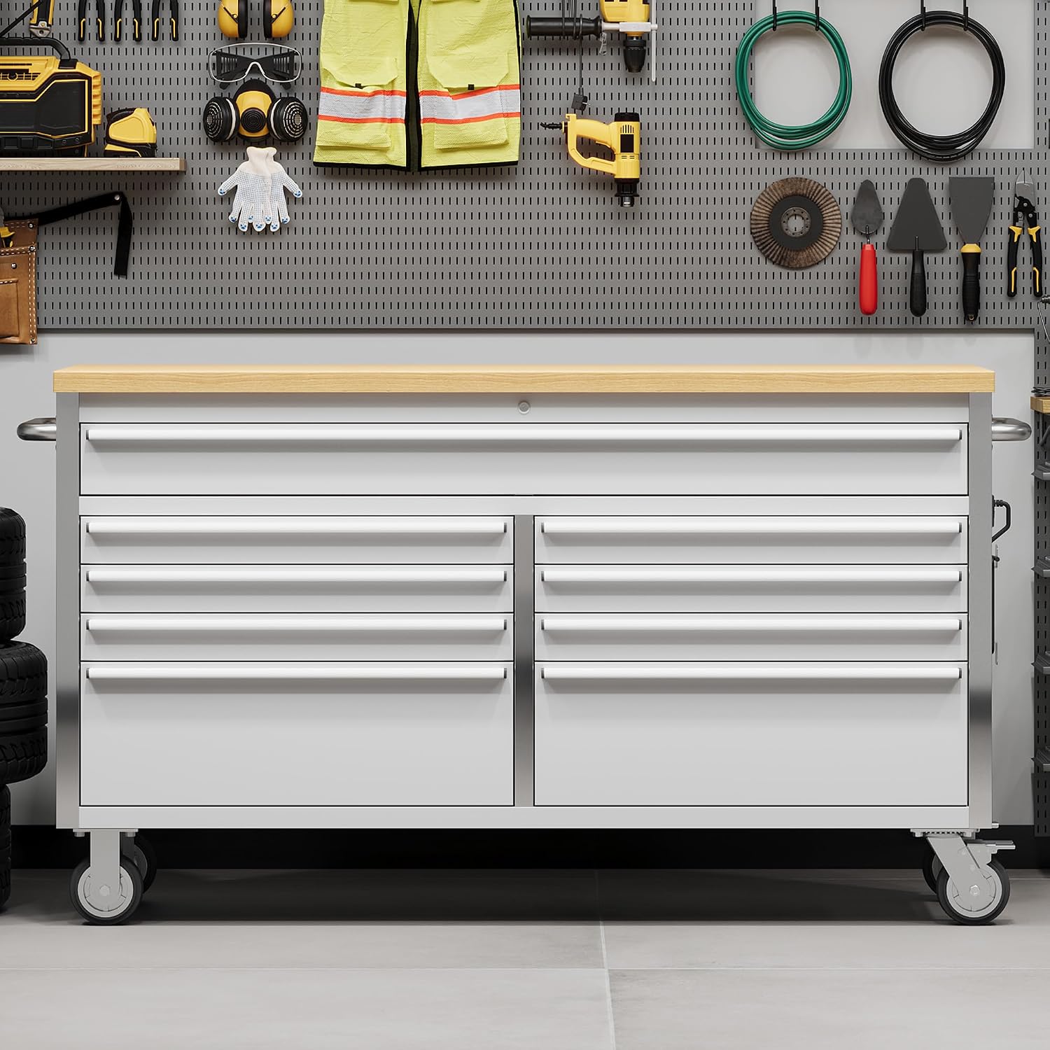 61 Inch Rolling Tool Chest, Garage Workbench with 9 Drawers, Solid Rubber Wood Top, Wheels Lock Key Locking System, Mobile Tool Cabinet Garage