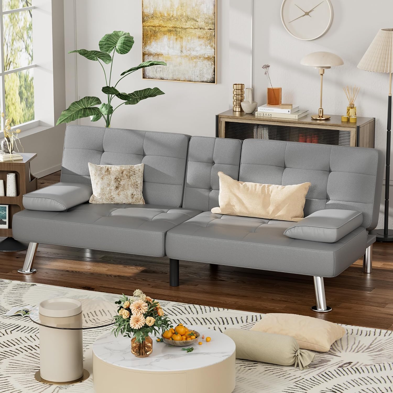 JUMMICO Faux Leather Futon Sofa Bed, Sleeper Sofa with Adjustable Backrest