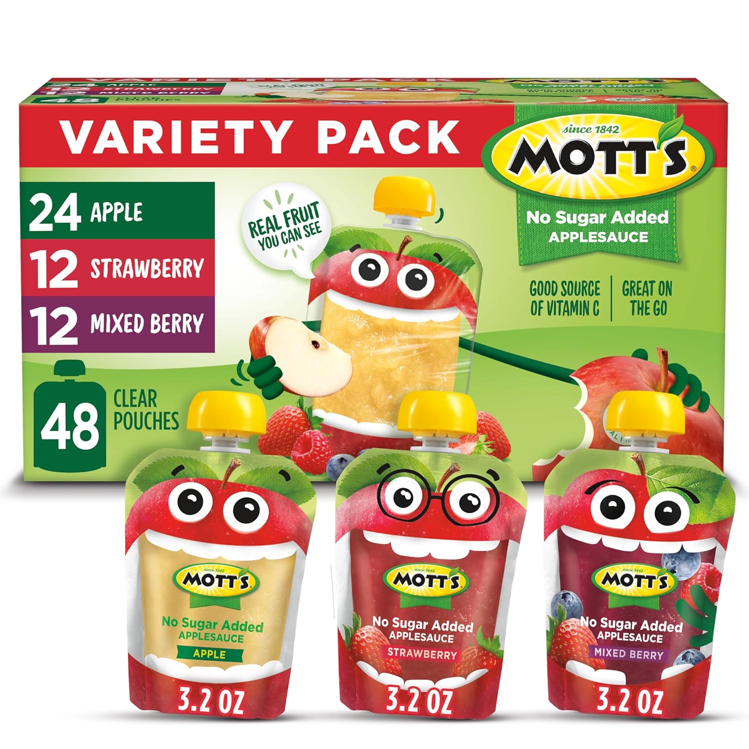 Mott's No Sugar Added Strawberry Applesauce, 3.2 Oz Clear Pouches, 48 Count (4 Packs Of 12), Good Source Of Vitamin C, No Artificial Flavors