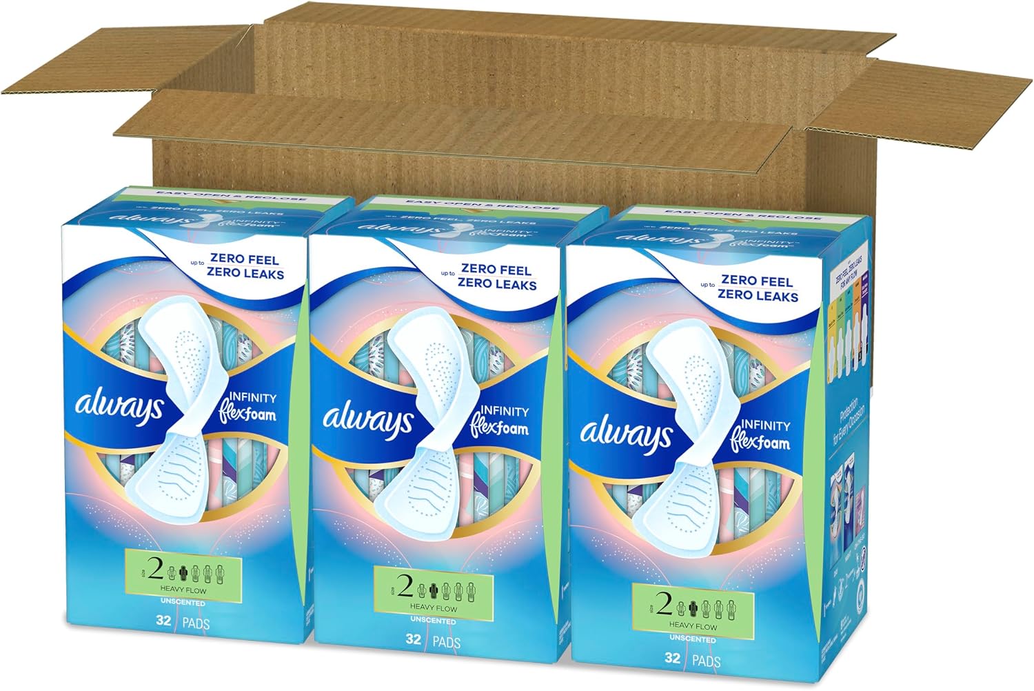 Always Infinity Feminine Pads for Women, Size 2 Heavy Flow Absorbency,with Flexfoam, with Wings, Unscented, 32 Count