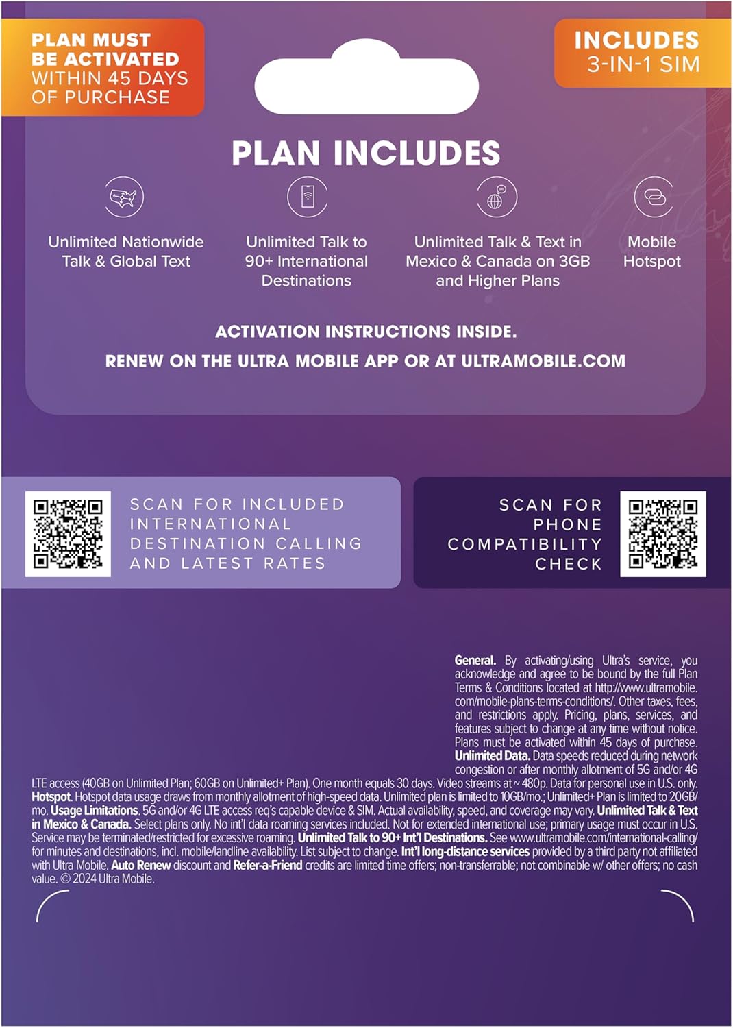 $24/mo. Ultra Mobile Prepaid Phone Plan with Unlimited Talk, Text, & 8GB of 5G • 4G LTE Data for 1 Month (3-in-1 SIM Card Kit)