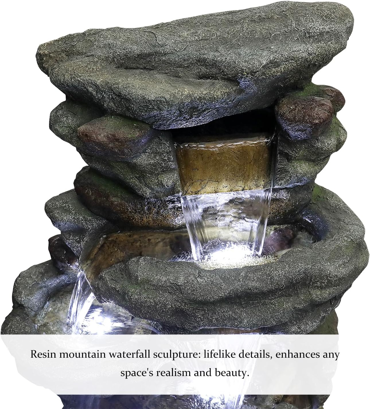 SunJet 40.5” High Rocks Outdoor Water Fountain - 6-Tiers Cascading Waterfall with LED Lights, Soothing Tranquility for Home Garden, Yard Decor