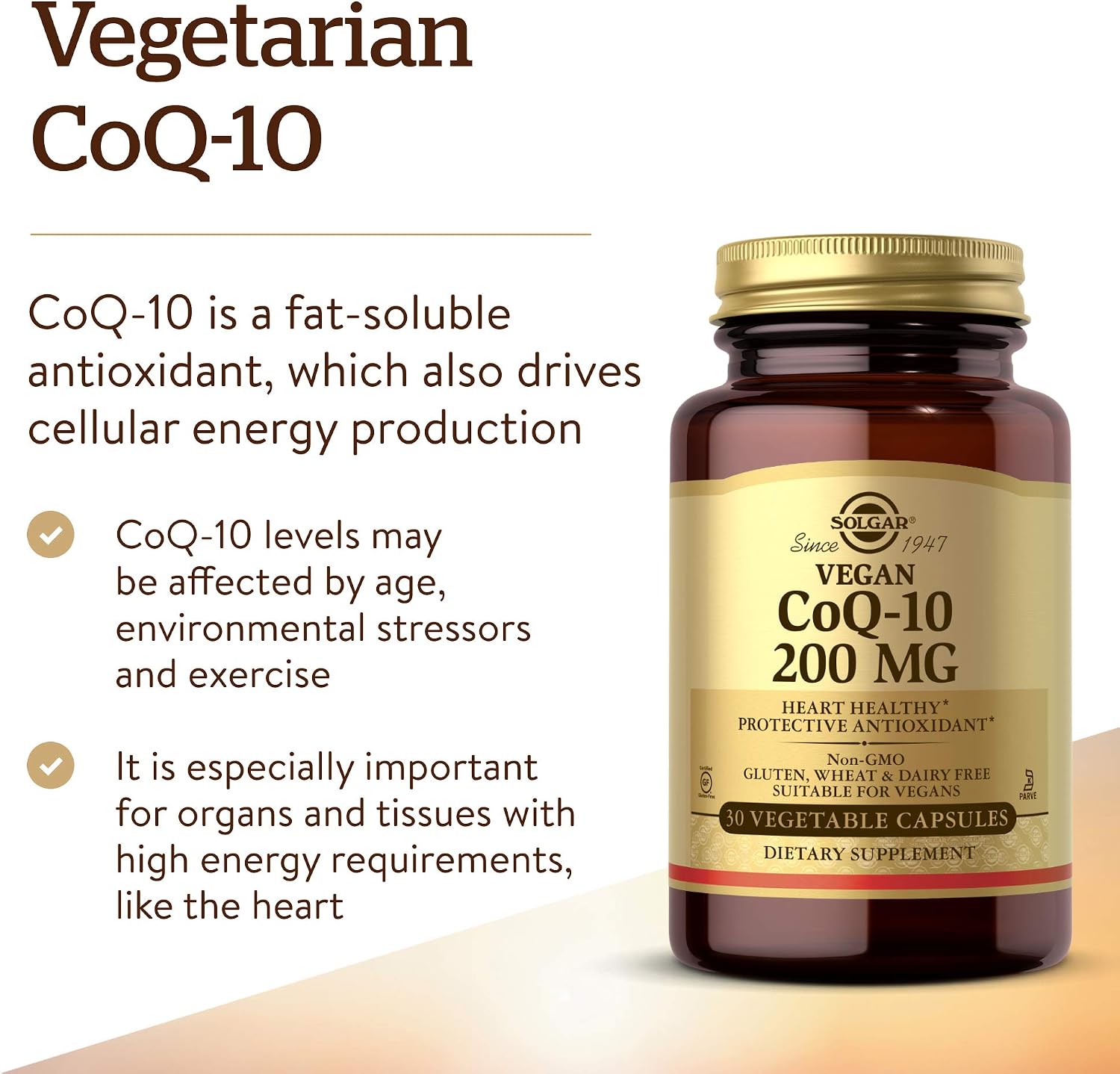 Solgar Vegetarian CoQ-10 200 mg, 30 Vegetable Capsules - Heart Healthy | Protective Antioxidant, Coenzyme Q10 (CoQ-10) Supplement - Vegan, Gluten Free