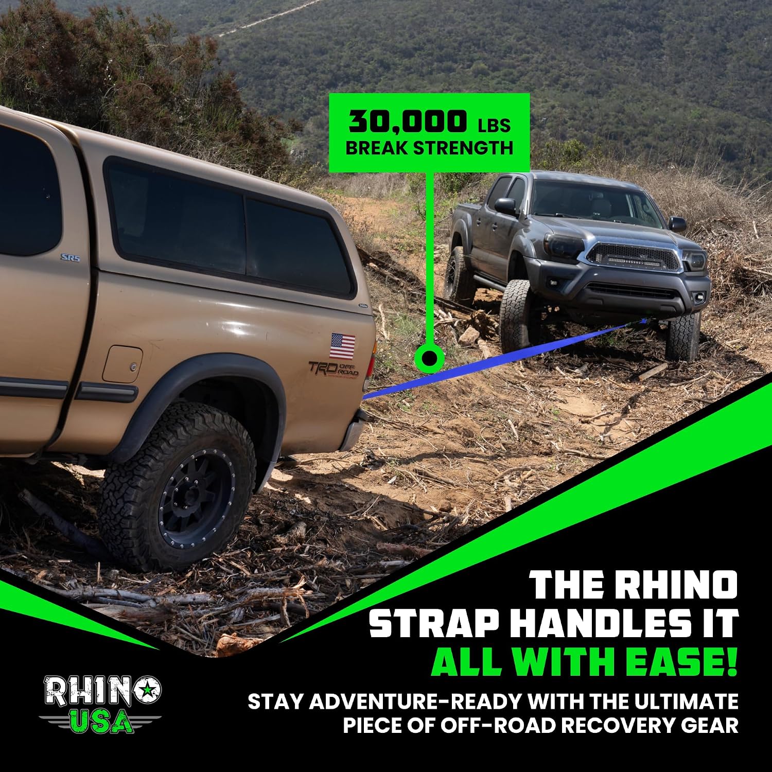 Rhino USA Recovery Tow Strap (3in x 30ft) - 31,518lb Heavy Duty Towing | 31,518lb Break Strength Emergency Tow Strap, Extended 30ft Length. For Truck, UTV, ATV & Jeep Offroad Recovery. Black
