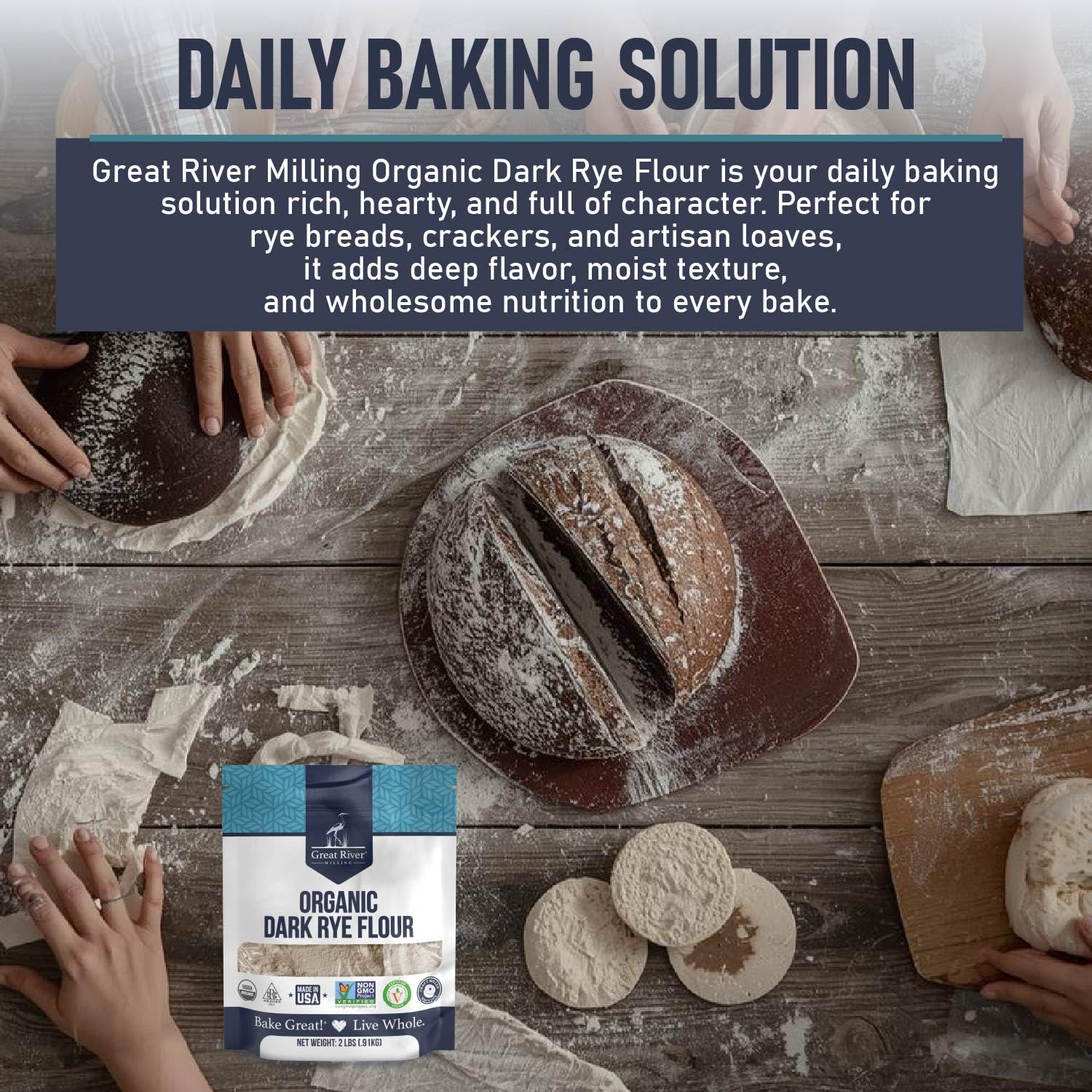Great River Milling Organic Dark Rye Flour, Whole Grain, 25 lb