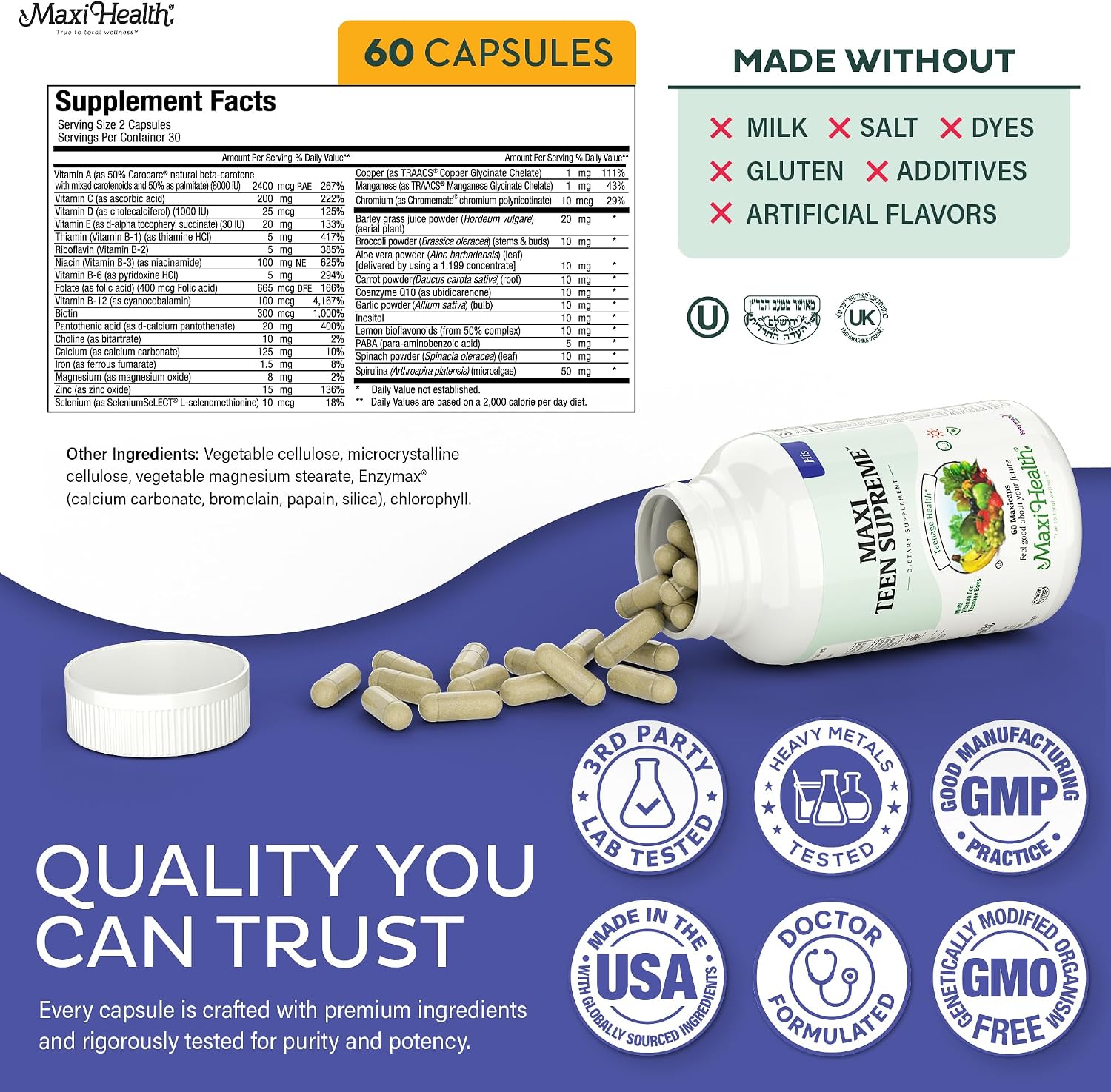 Teen Vitamins for Boys 12-17 - Teen Multivitamin Supreme with D3, Iron, Calcium, Biotin, Digestive Enzymes – Teenager Boy Multi Vitamins for Energy, Brain & Mood Support – 60 Count