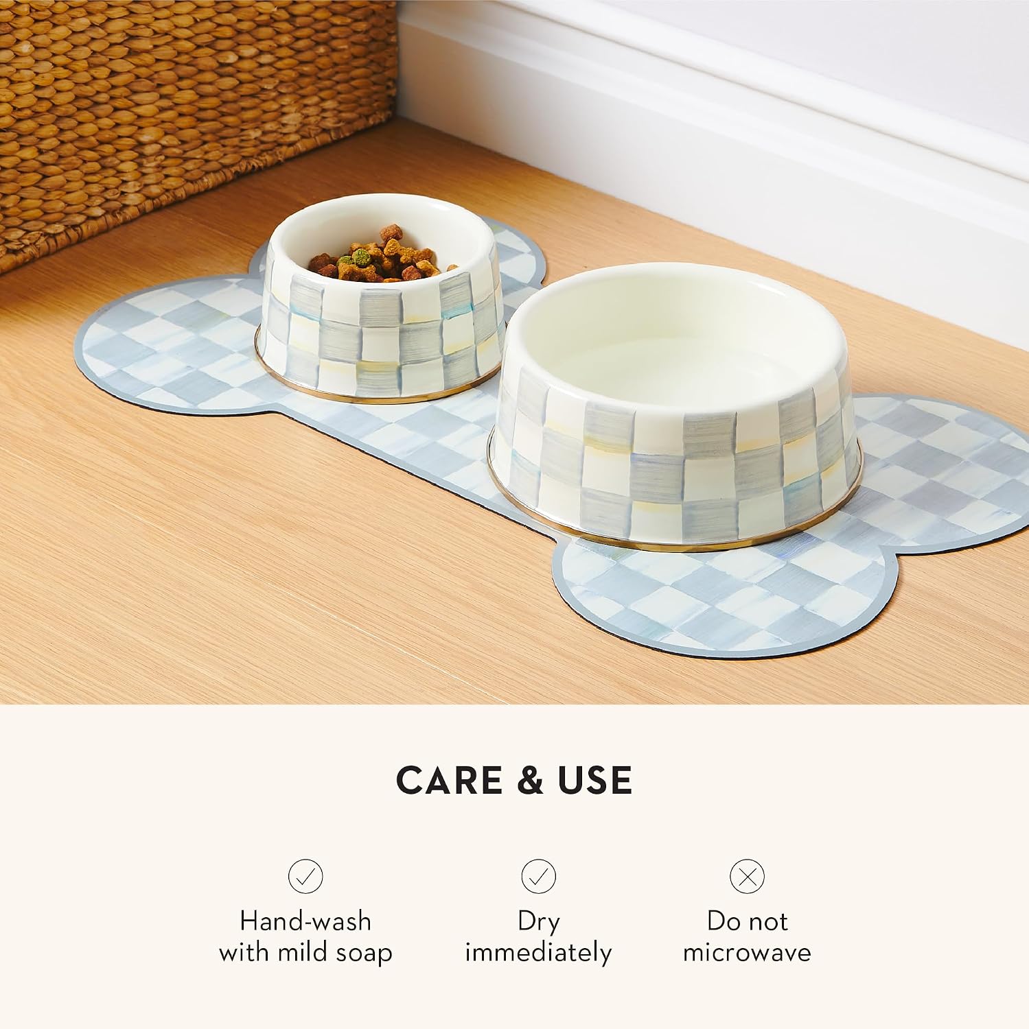 MACKENZIE-CHILDS Enamel Pet Dish, Large, Black-and-White Courtly Check | Decorative cat and dog bowl for food and water, 40-ounce capacity