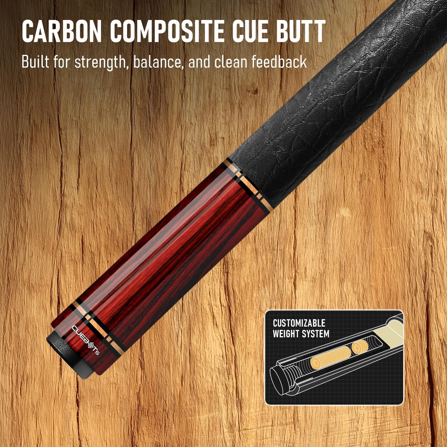 CUEBOTS Glass Fiber Cue, Glass Fiber House Cue Stick, Club Cue, Cue for Beginners, Durable Uni-QR, 3/8-10, 5/16-18 Joint, Long Lasting Glassfiber Shaft, 7-Layer Microfiber Tip