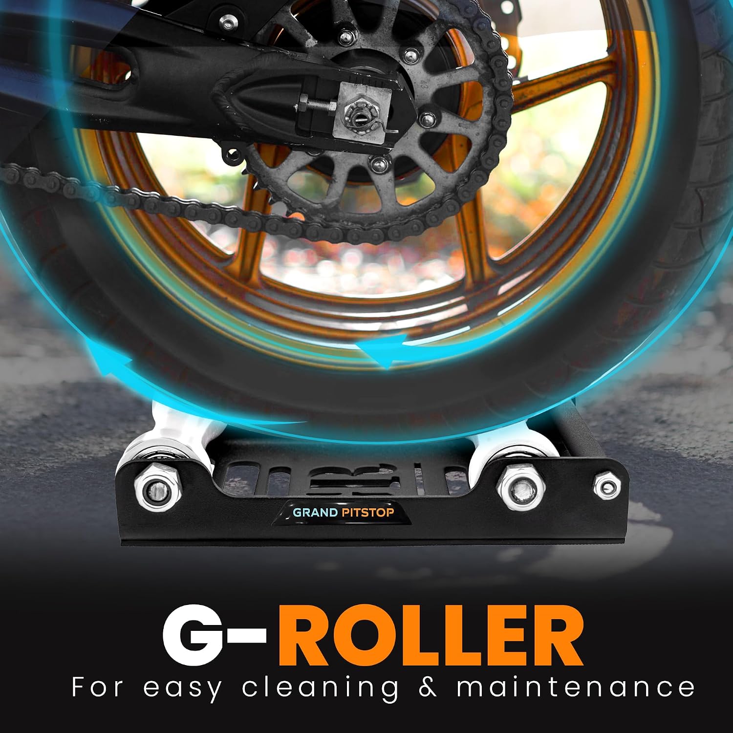 Grand Pitstop Motorcycle Wheel Cleaning Stand - Paddock Stand Replacement - Wheel Roller Stand for tire Cleaning & Chain Lubrication - GRoller Medium (Bikes < 485 lb & Tyre Width <180 mm)