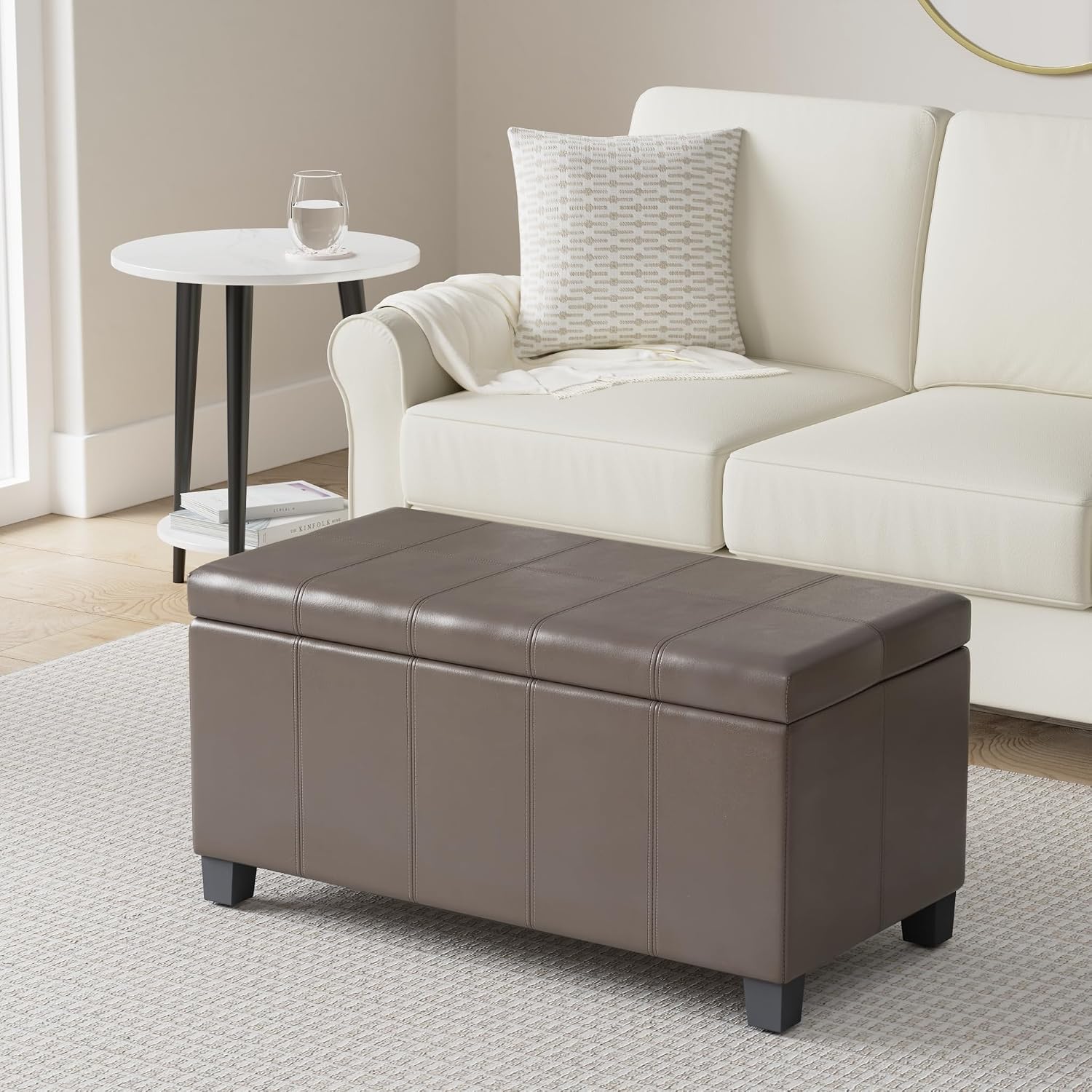 SIMPLIHOME Dover 36" Wide Vegan Leather Storage Ottoman in Midnight Black | Distressed umber brown, contemporary ottoman with lift-top and safety hinges; rectangle storage bench for living room.