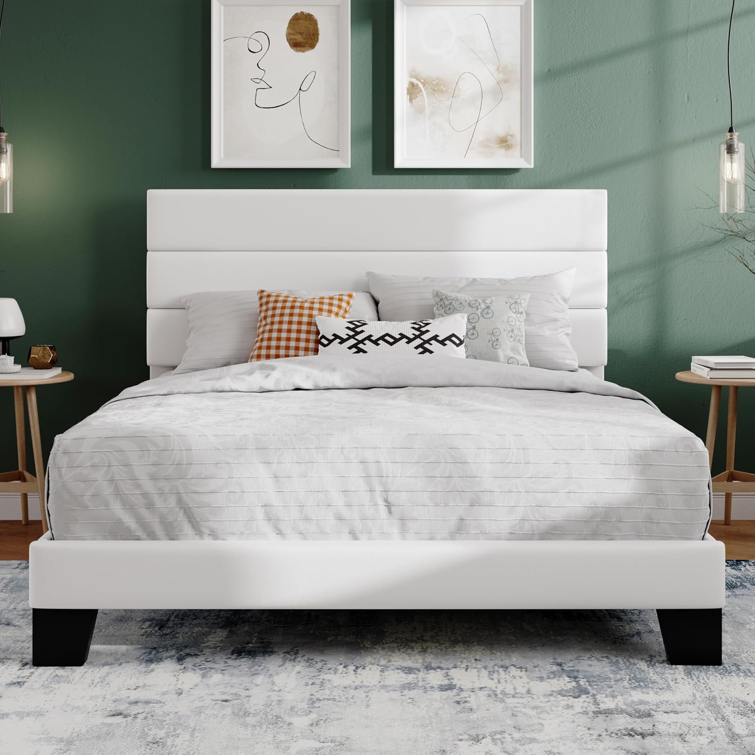 SHA CERLIN Full Platform Bed Frame with Upholstered Fabric Headboard, Grey