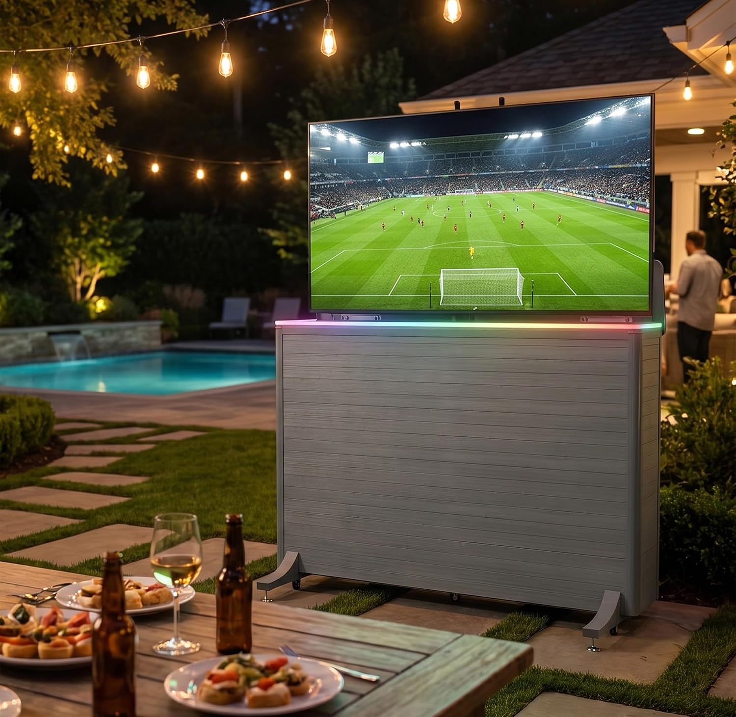 High-Grade Wood-Plastic Composite Outdoor TV Lift Cabinet, Mobile TV Stand on Wheels, Weatherproof Motorized TV Lift Stand