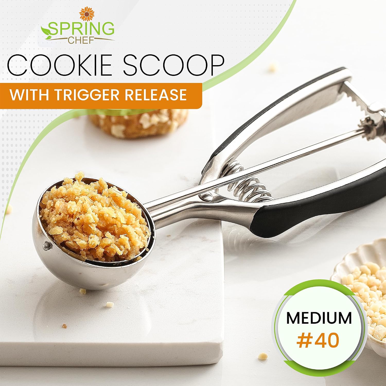 Spring Chef Medium Stainless Steel Cookie Scoop, #40, 1.7 Tablespoon, Black