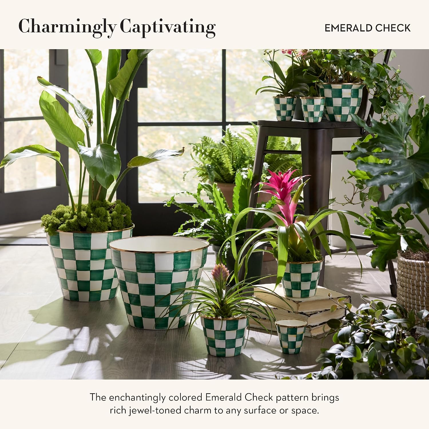 MACKENZIE-CHILDS Enamel Herb Pot Set, Small, Black-and-White Courtly Check | Hand-painted design, small plant pots for herbs or flowers, 8-ounce capacity per pot, set of 3