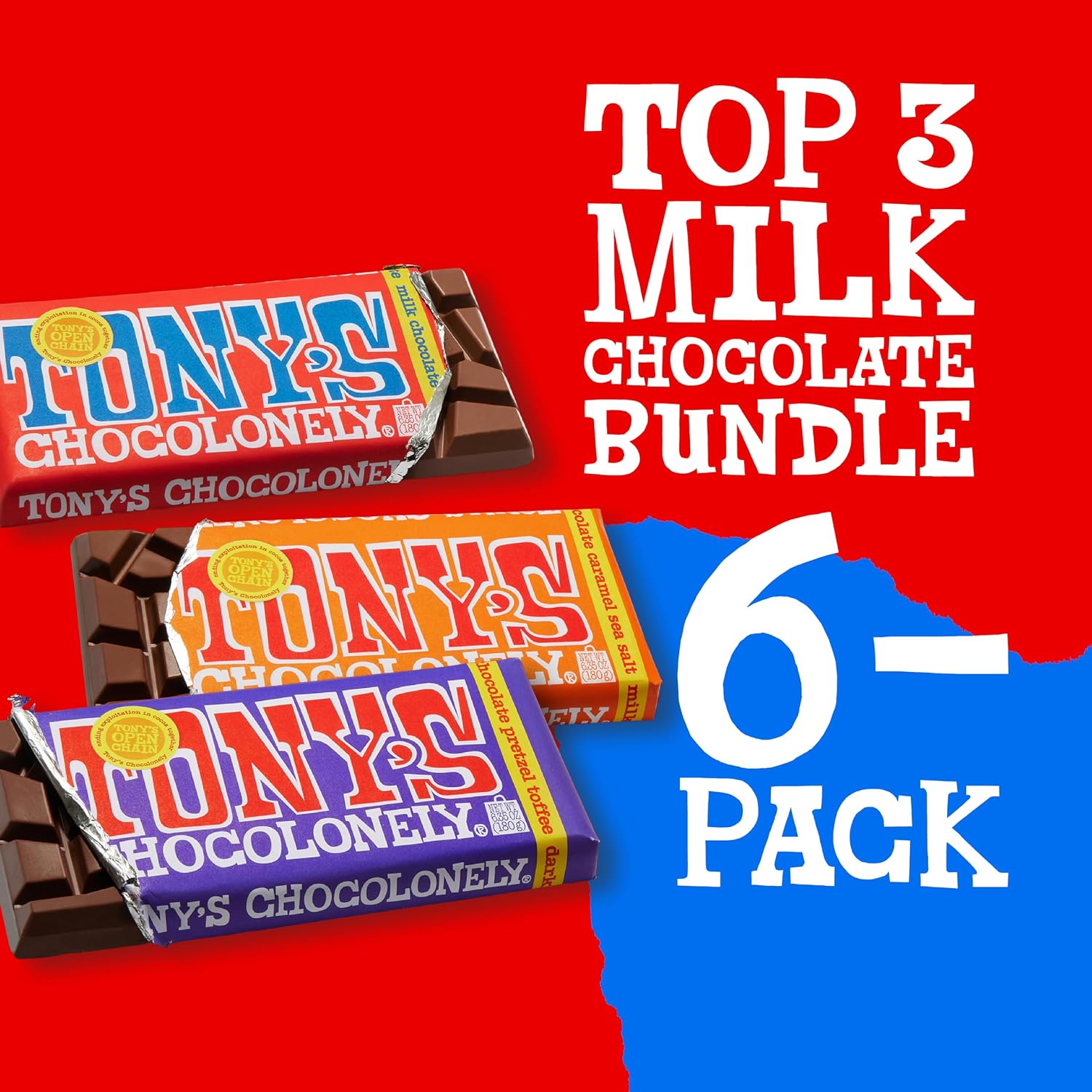 Tony’s Chocolonely Super Duper Milk Chocolate Candy Bar Bundle, Milk & White Chocolate With Sea Salt, Caramel, Pretzel Toffee, Almond, Hazelnut, Made From Quality Fairtrade Cocoa, 6 Bars, 6.35 Oz Each