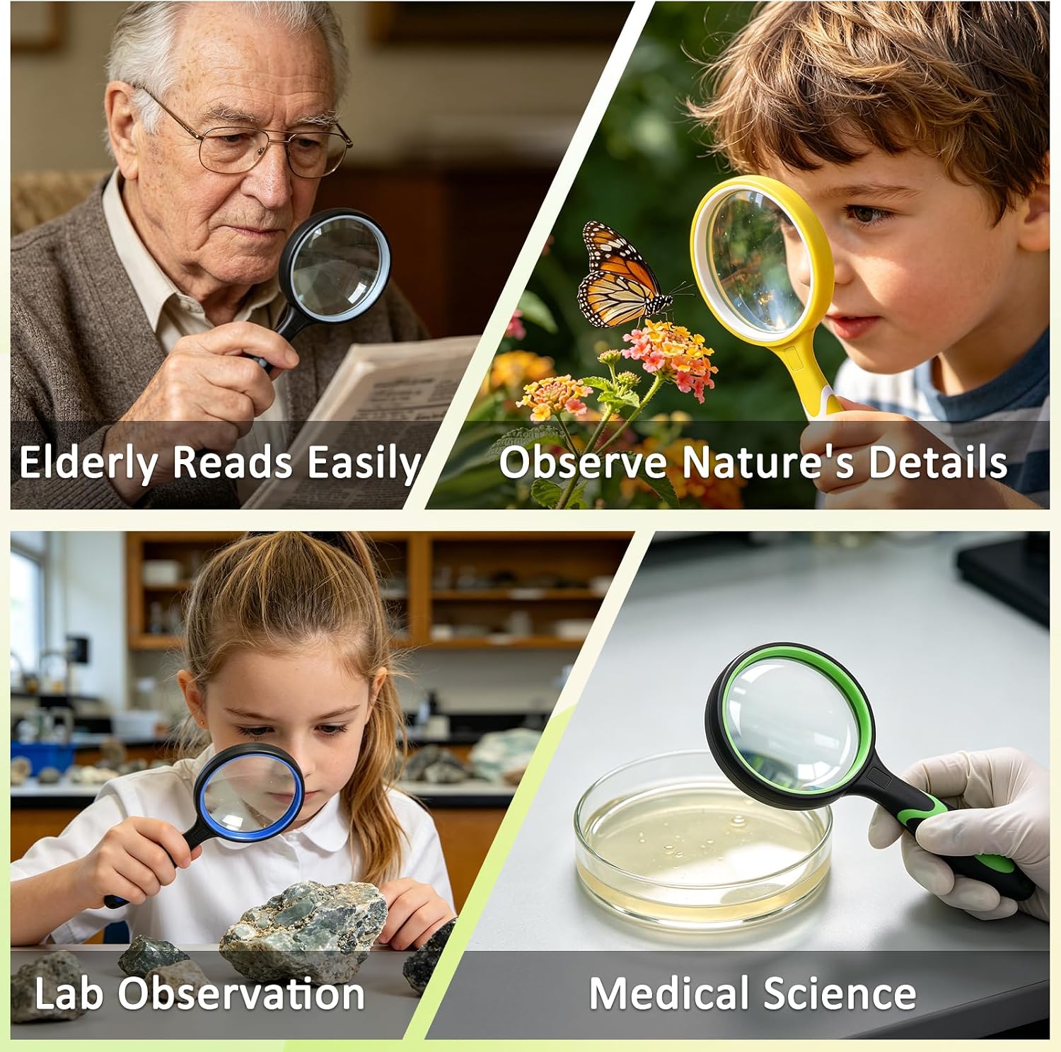 Leffis 3 Pack Magnifying Glass, 10X Reading Magnifier for Kids and Seniors