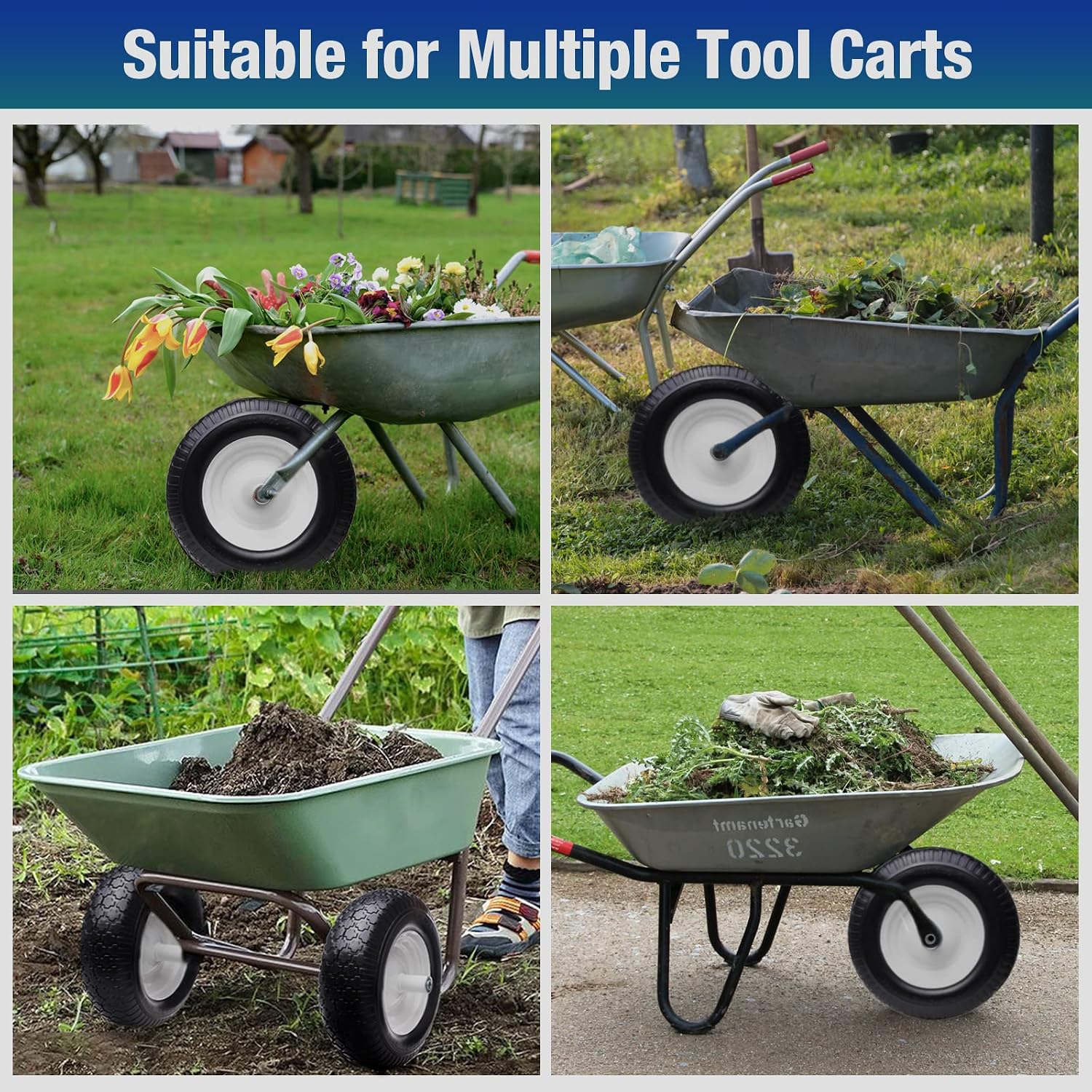 16" 4.80/4.00-8 Flat Free Solid Polyurethane Tire and Wheel with 2Pcs 3/4" Bearing, 1 Pack PU Airless Tires with 5/8" Ball Bearings 6" Iron Hub for Hand Truck/Tool Cart/Garden Carts, 1 Pc