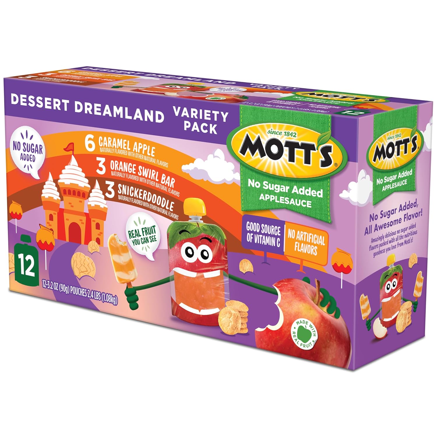 Mott's No Sugar Added Applesauce, 3.2 Oz Clear Pouches, 48 Count (4 Packs Of 12), Good Source Of Vitamin C, No Artificial Flavors