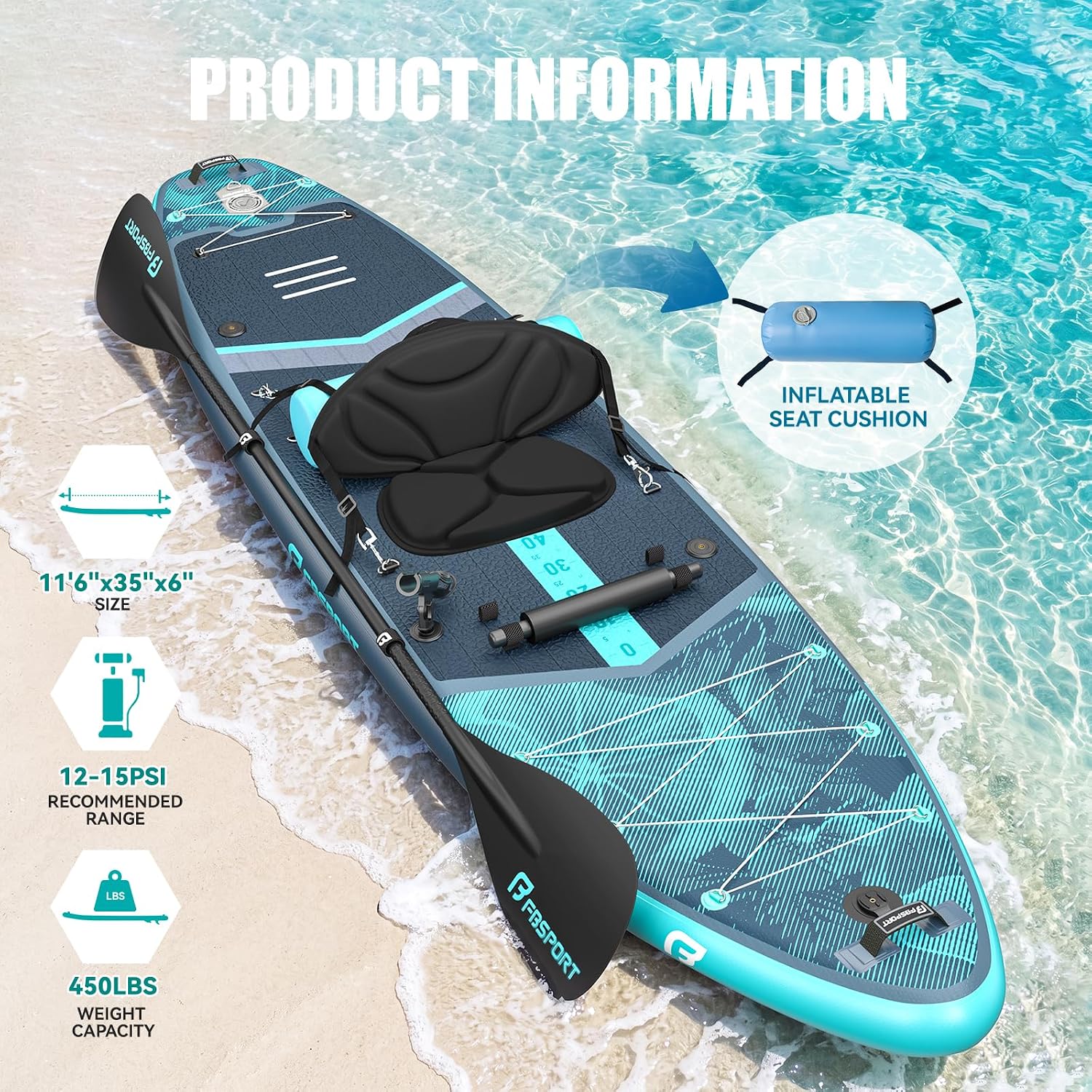 FBSPORT 11' Premium Stand Up Paddle Board, Yoga Board with SUP Accessories & Carry Bag | Wide Stance, Surf Control, Non-Slip Deck, Leash