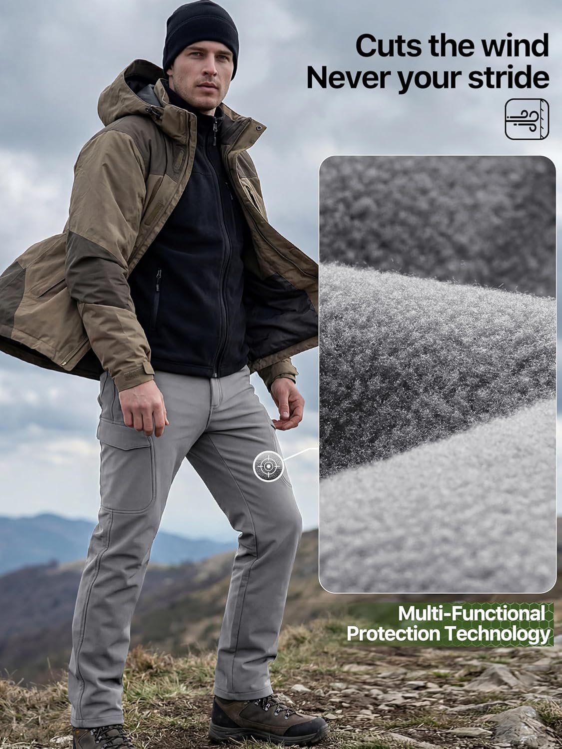 FREE SOLDIER Men's Outdoor Softshell Fleece Lined Cargo Pants | Snow Ski Hiking Pants with Belt, Waterproof Winter Pants, Insulated Work Pants, Breathable Windproof Insulated Pants