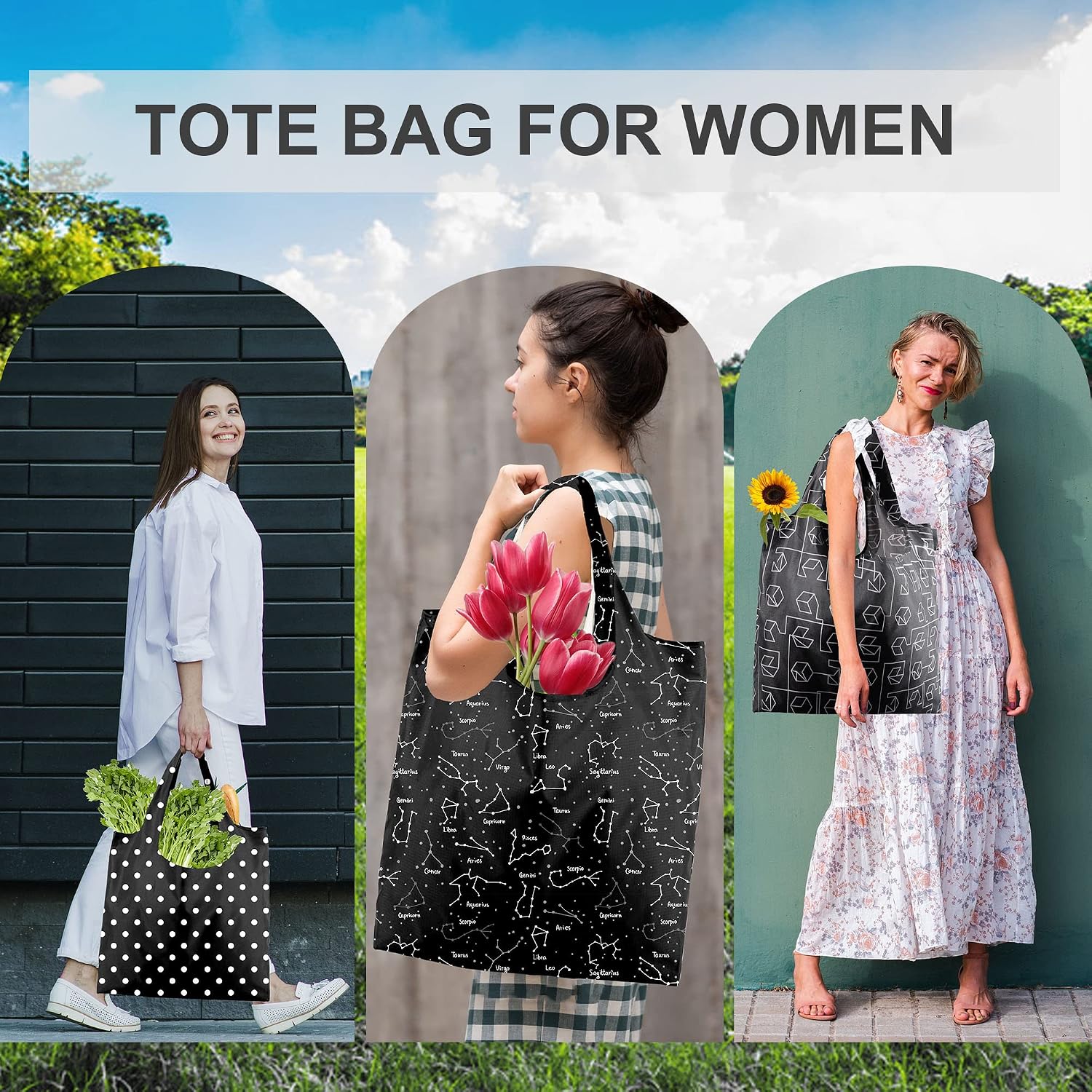 BeeGreen Grocery Bags | Reusable Gift Bags, Large Tote for Women & Foldable Beach Bag - 6 Pack Reusable Bag With Handles | Collapsible Cute Cloth Storage for Market, Holiday & Shopping | Washable​