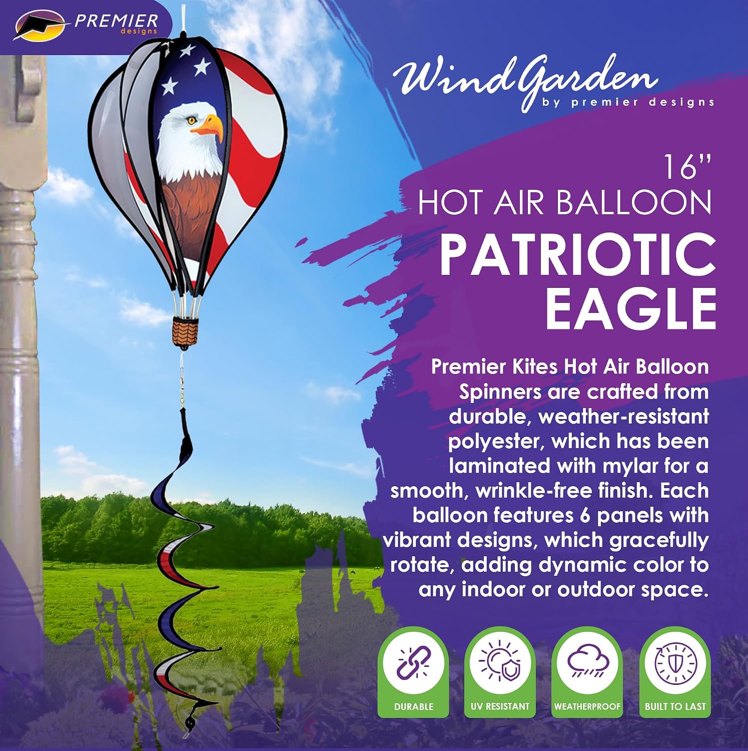 Hot Air Balloon Hanging Garden Spinner 16" - Vibrant Patriotic Design, Weather-Resistant Outdoor Decor, Durable & Lightweight for Patios, Yards, and Gardens - Eye-Catching Wind Spinner