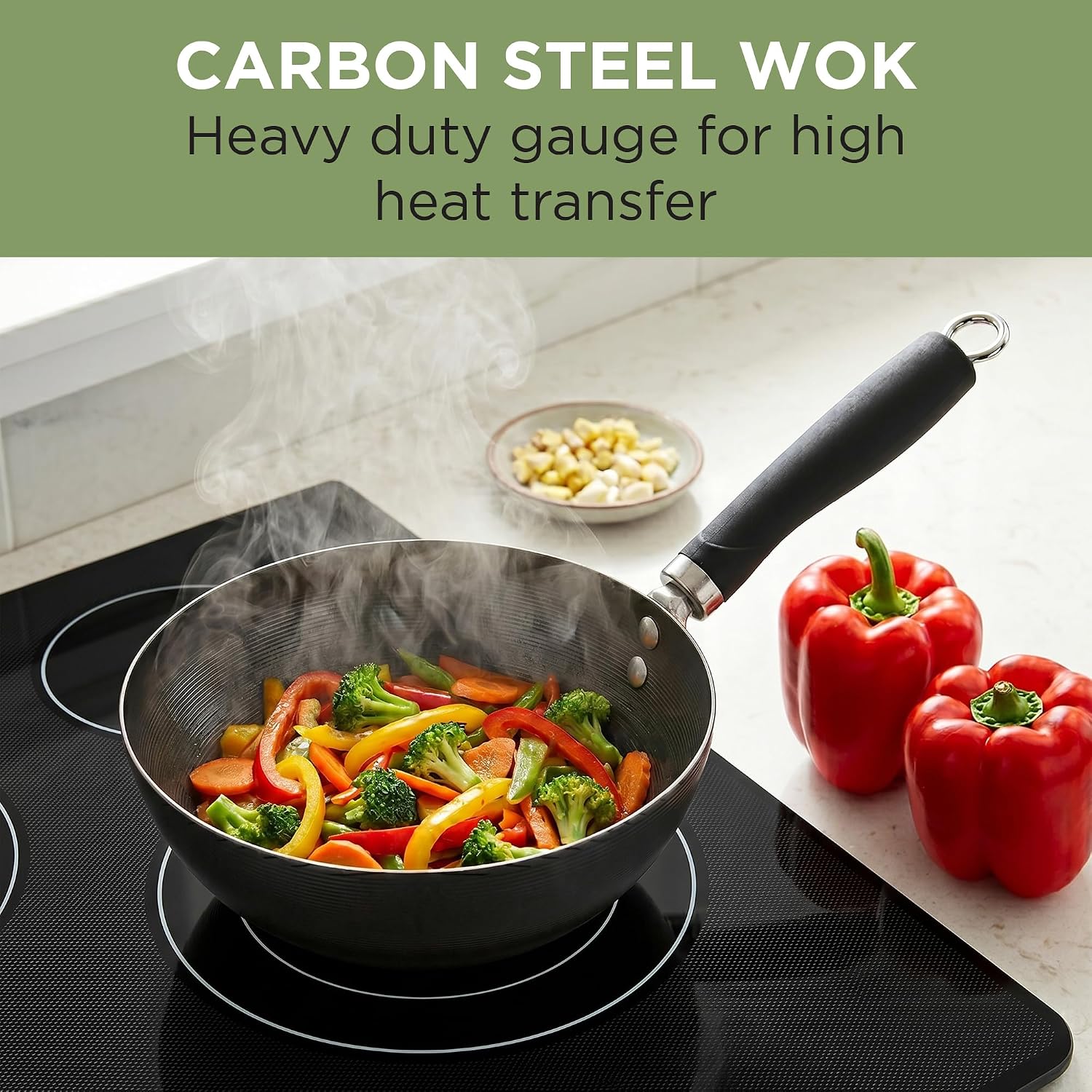 Ecolution Non-Stick Carbon Steel Wok with Soft Touch Riveted Handle, 8",Black