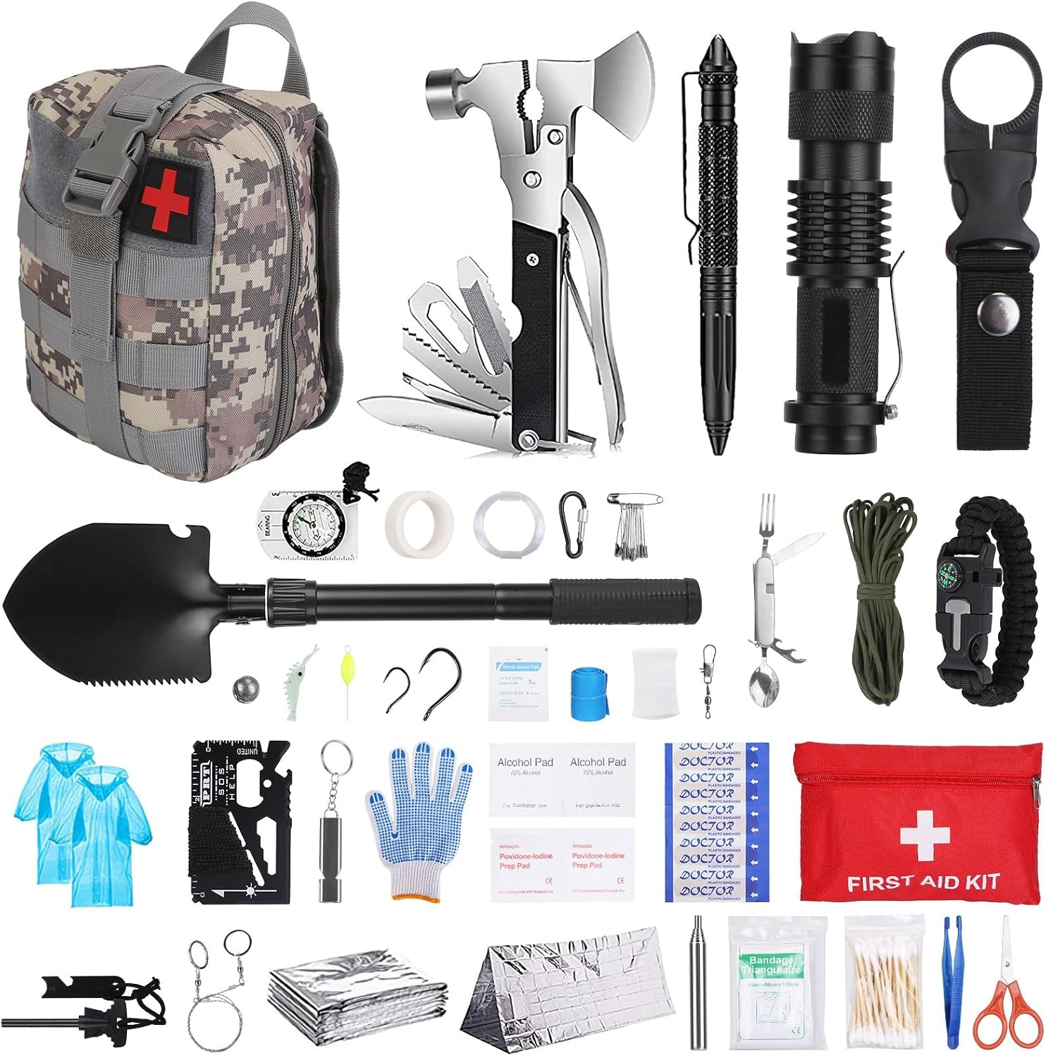 125 Pcs Survival Kit with First Aid Supplies, Tactical Emergency Gear for Outdoor Adventures, Hiking, Camping, Hunting, Fishing