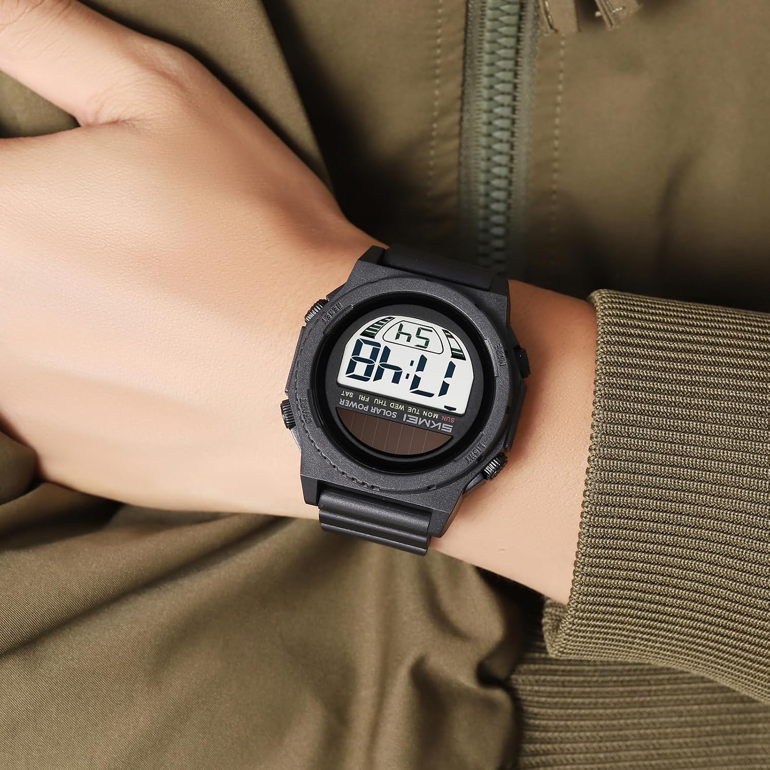 MASTOP Solar Powered Energy Watch for Men Military Digital Multifunctional Led Luminous Indication 2 Time Zone 50m Waterproof Watch Reloj Solar para Hombre