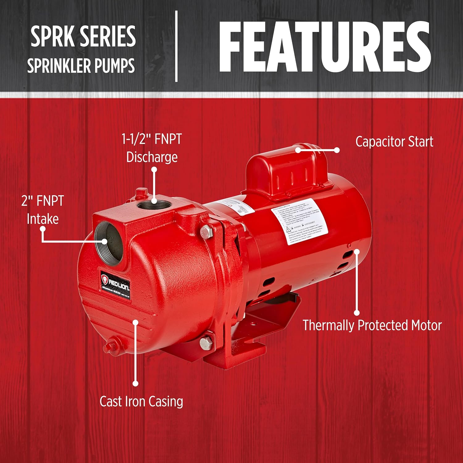 Red Lion RL-SPRK150 Sprinkler/Irrigation Pump, 115/230V, 71 GPM, 1.5 HP | Thermoplastic Impeller, For water sources down to 25' deep, Handles up to 14 sprinklers (1/2" fittings) per zone, 97101501