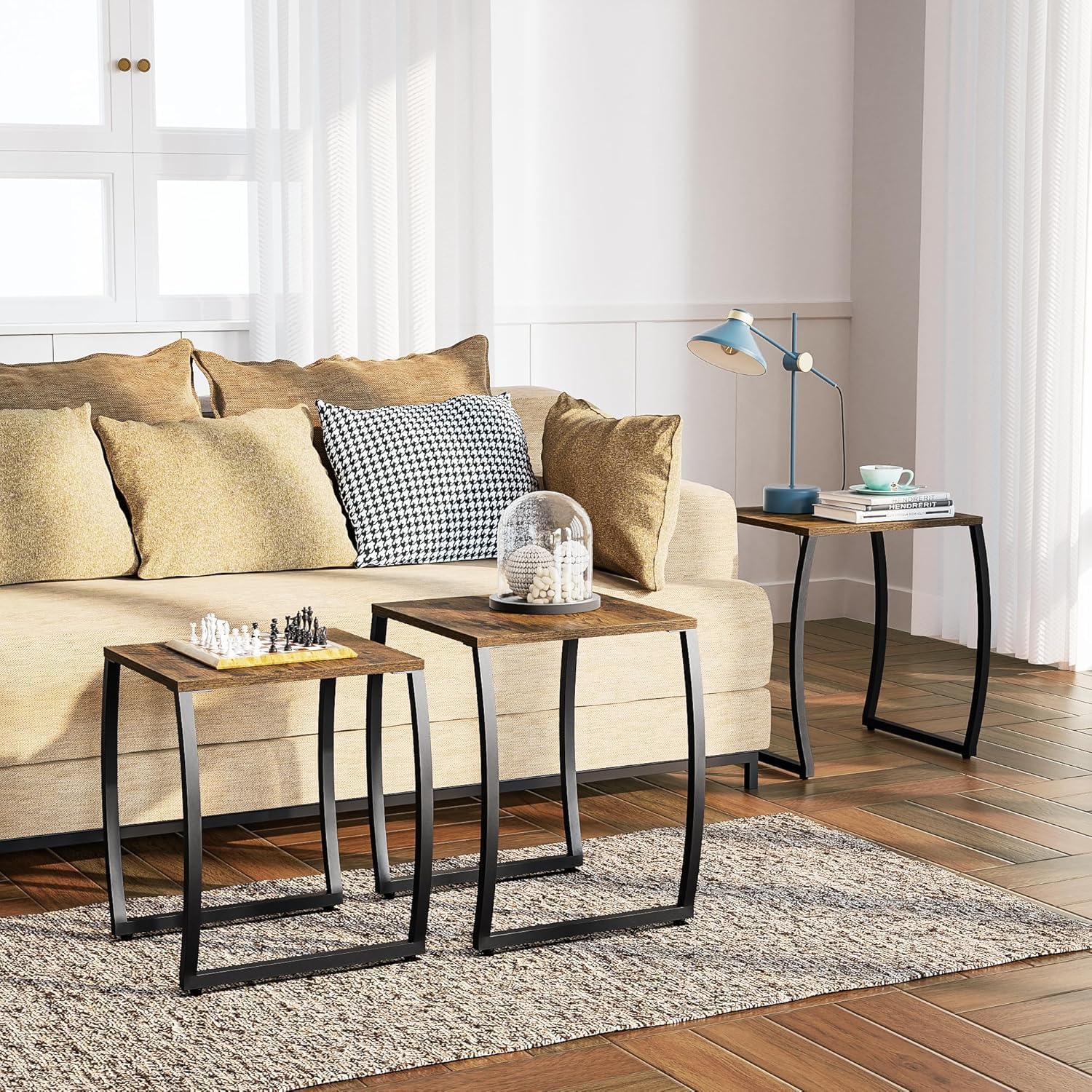 SRIWATANA Nesting Tables, Vintage Side End Tables Living Room, Coffee Snack Table Set of 3 | Compact 3-Piece Stacking Tables