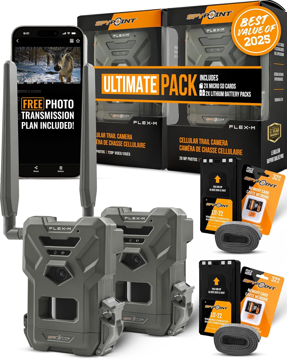 SPYPOINT Flex-M Twin Pack Cellular Trail Cameras - Best Hunting Accessories, No WiFi Needed, GPS, Night Vision, Dual-Sim LTE, IP65 Water-Resistant Game Camera, 28MP Photos, 720p Videos + Sound (2) | IP65 Water-Resistant Game, 720p Videos + Sound, 28MP Ph…