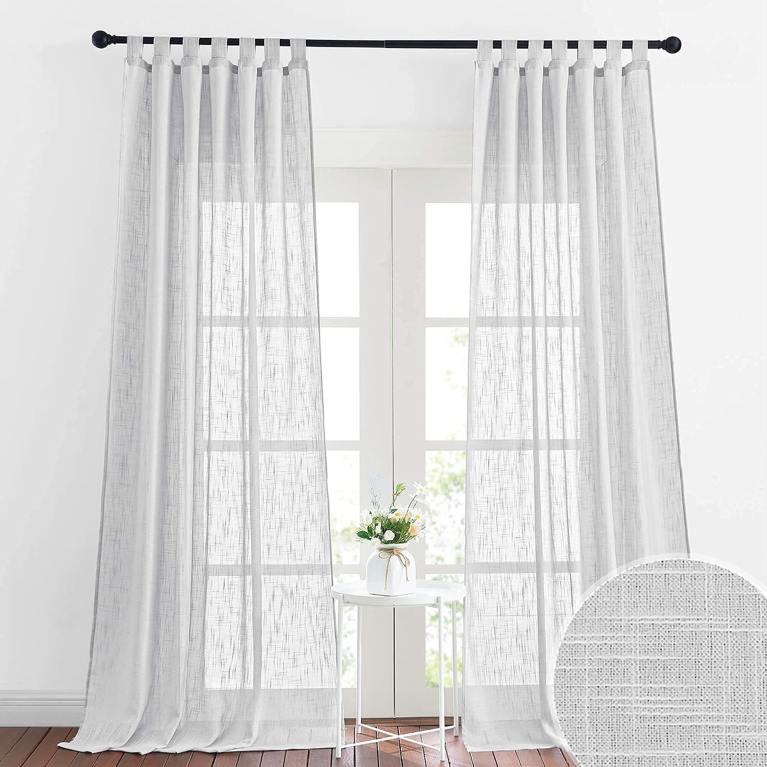 RYB HOME Linen Sheer Curtains - Linen Textured Semi Sheer Curtains for Kids Nursery Bedroom Living Room Window