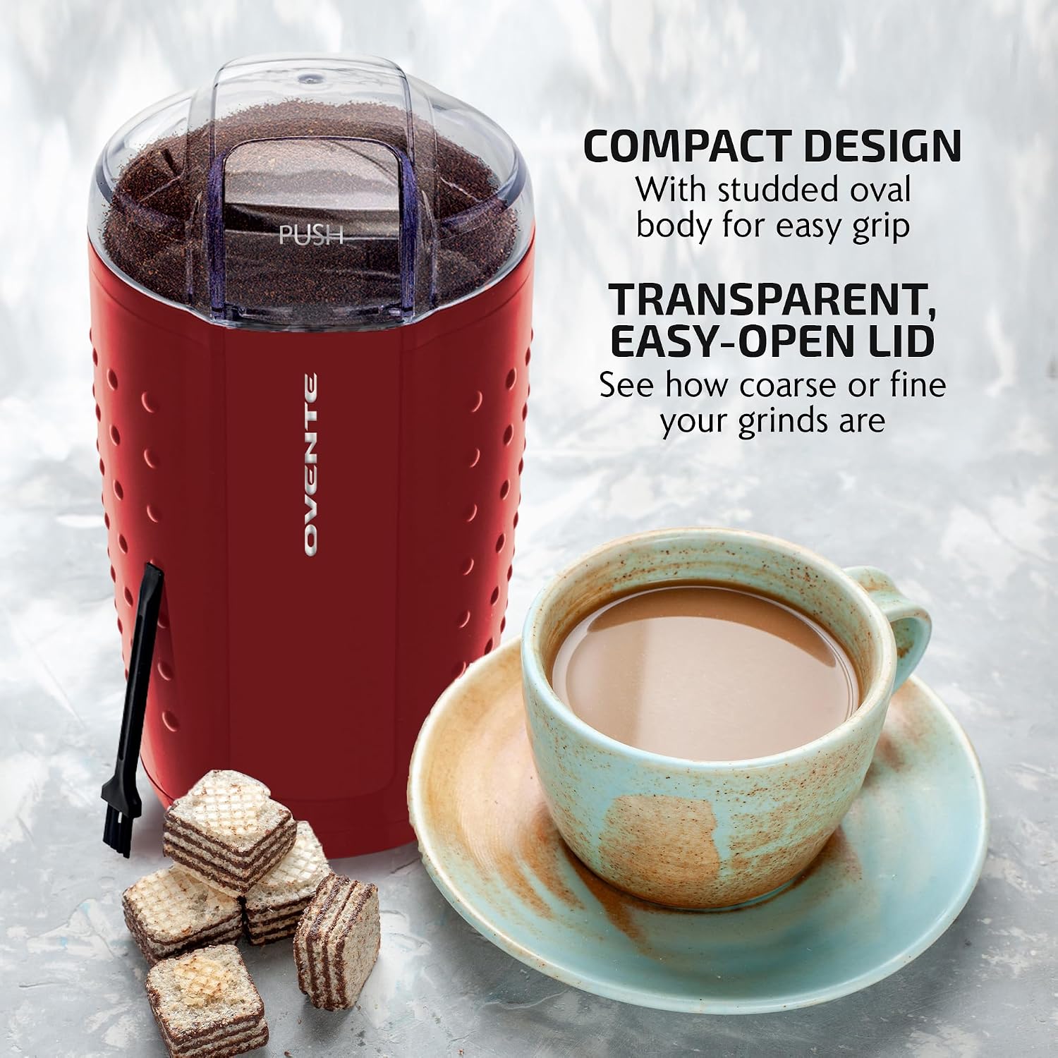 OVENTE Electric Coffee Grinder with One Touch Push-Button, White CG225W | 2.5oz Capacity, 150W Motor, Stainless Steel Blades for Uniform Grinding of Beans, Spices, Herb, Nuts & More, Safety Lock Lid