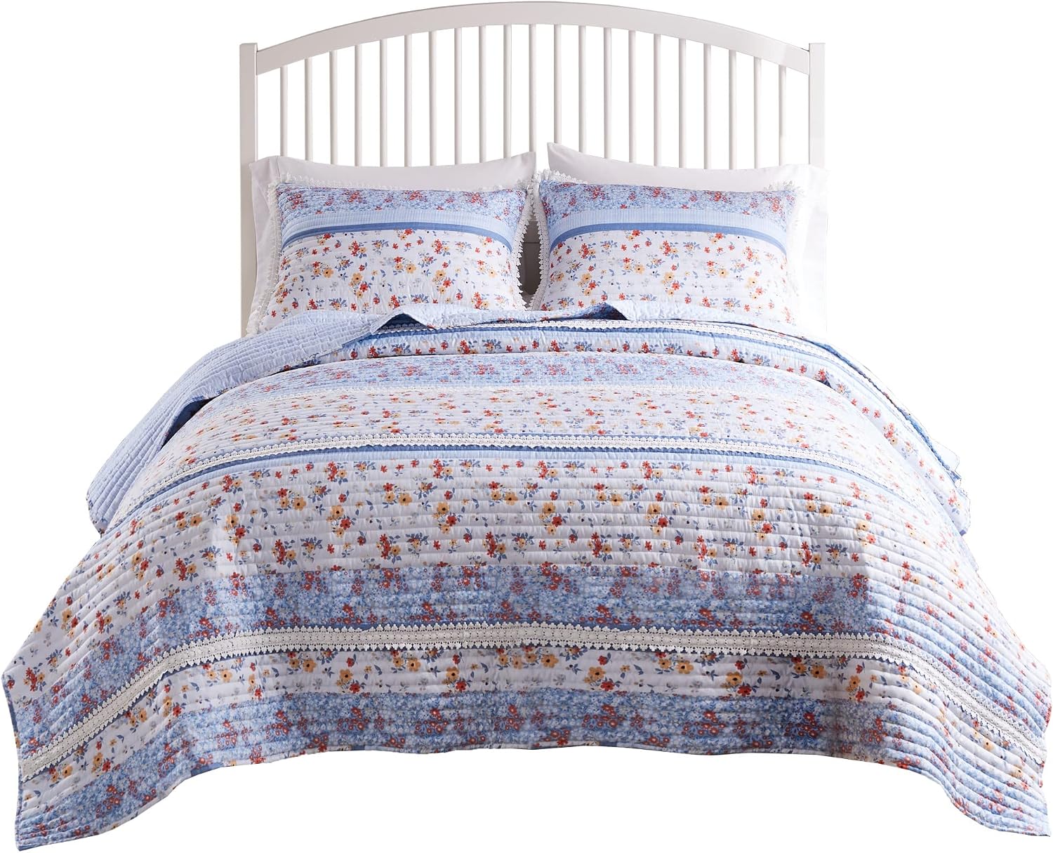 Greenland Home Fashions Ultra-Soft, Reversible, Brushed Microfiber Quilt Set, 3-Piece Full/Queen, Misty Bloom
