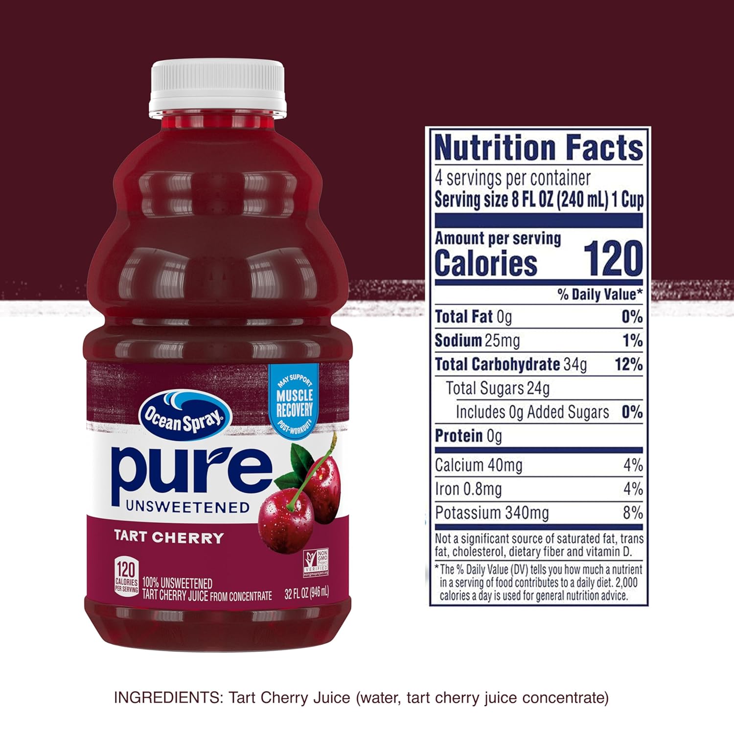 Ocean Spray® Pure Unsweetened Tart Cherry, 100% Tart Cherry Juice, 32 Fl Oz Bottle