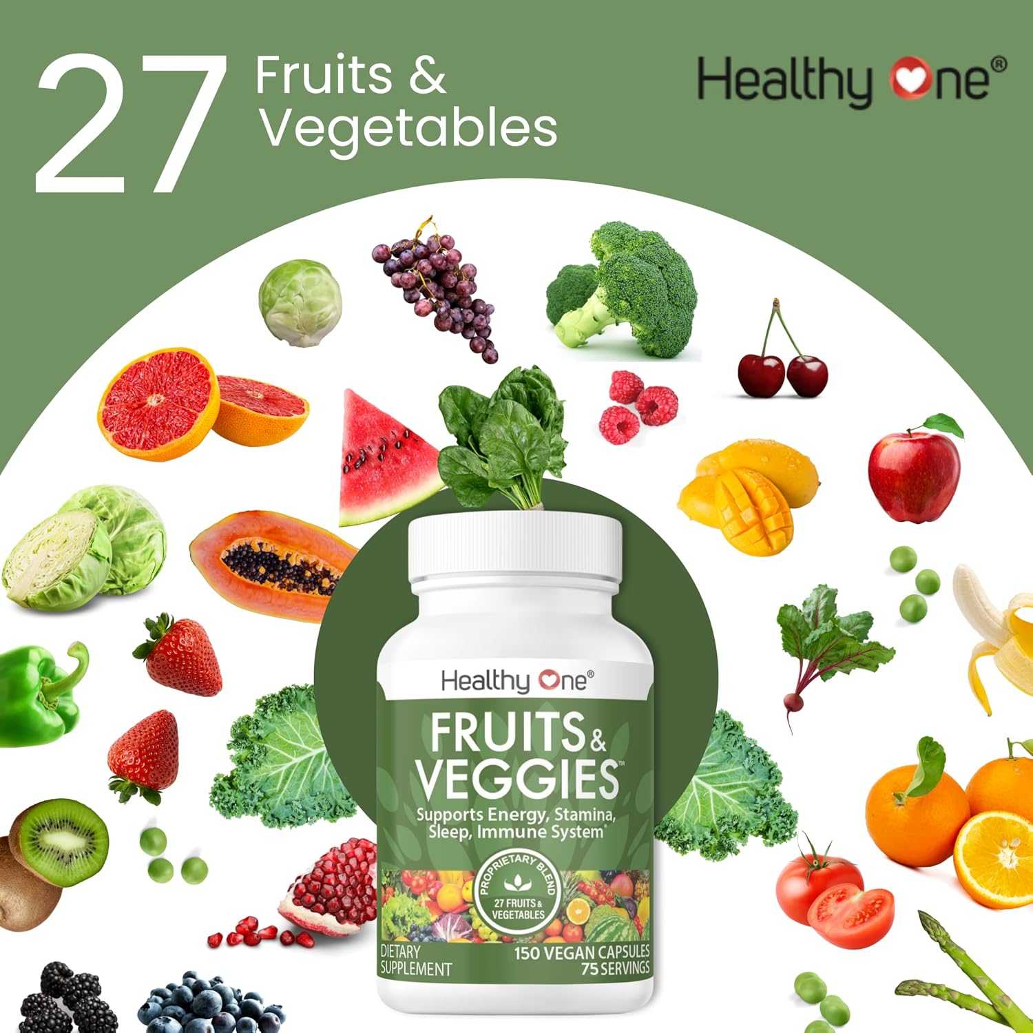 Healthy Fruits & Veggies, 27-in-1 Formula, GLP1 Support, Superfoods - 150ct | Immun & GLP1 Support, 1 Serving = 3 Servings Fruits & Vegetables, Energy & Focus, High Fiber, Antioxidants, Kid Safe