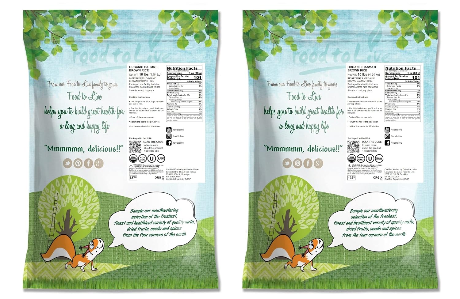 Food to Live Organic Brown Basmati Rice, 20 Pounds Non-GMO, Whole Long-Grain Rice Variety, Fragrant, Kosher, Vegan, Bulk. Less Starch Content. High in Dietary Fiber. Great for Making Stir-Fries