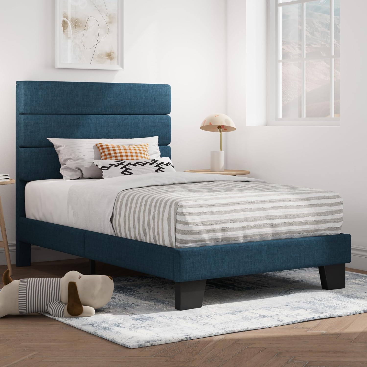 SHA CERLIN Full Platform Bed Frame with Upholstered Fabric Headboard, Grey
