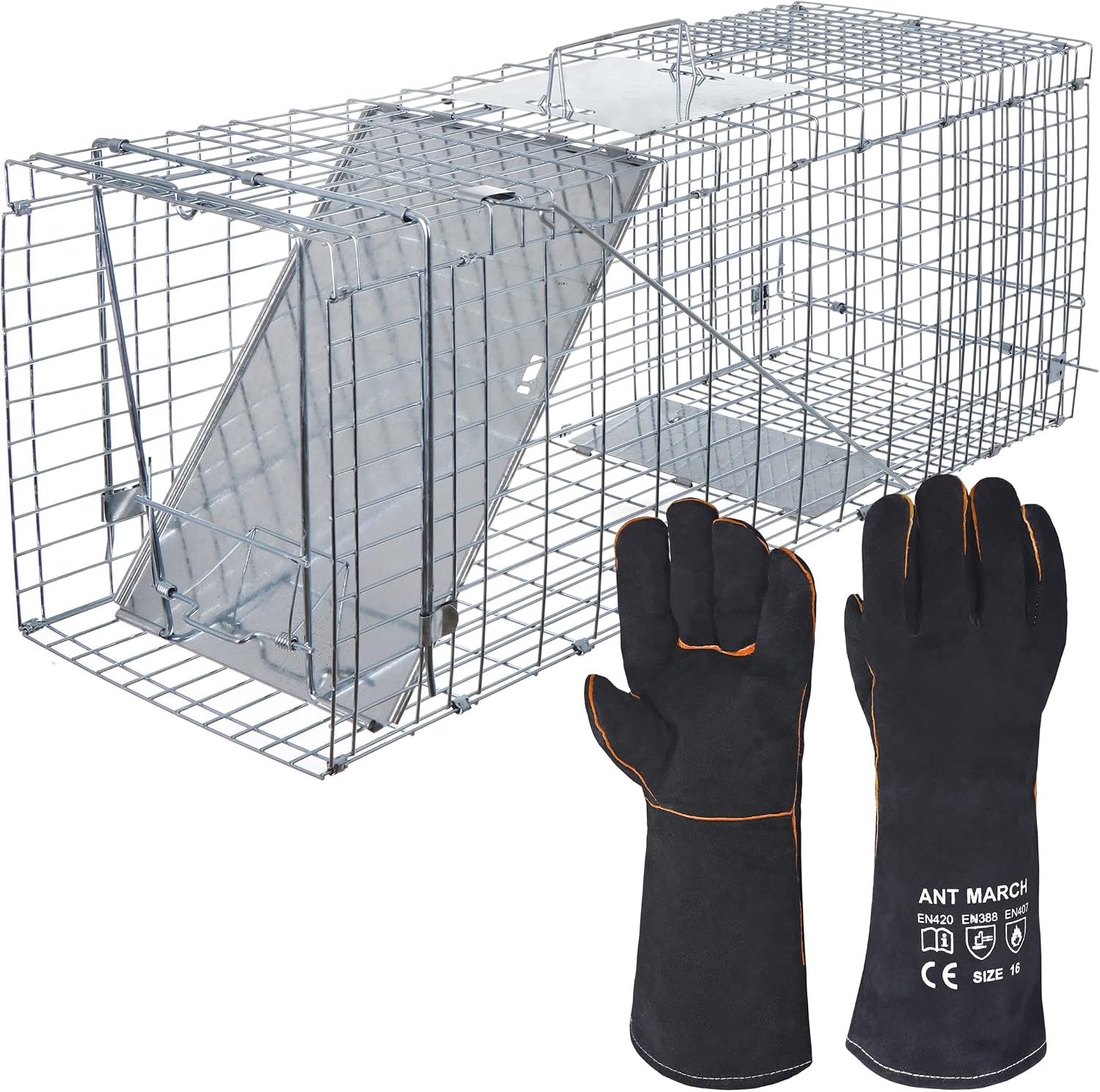ANT MARCH 32'' Live Animal Cage Trap with Gloves Steel Humane Release