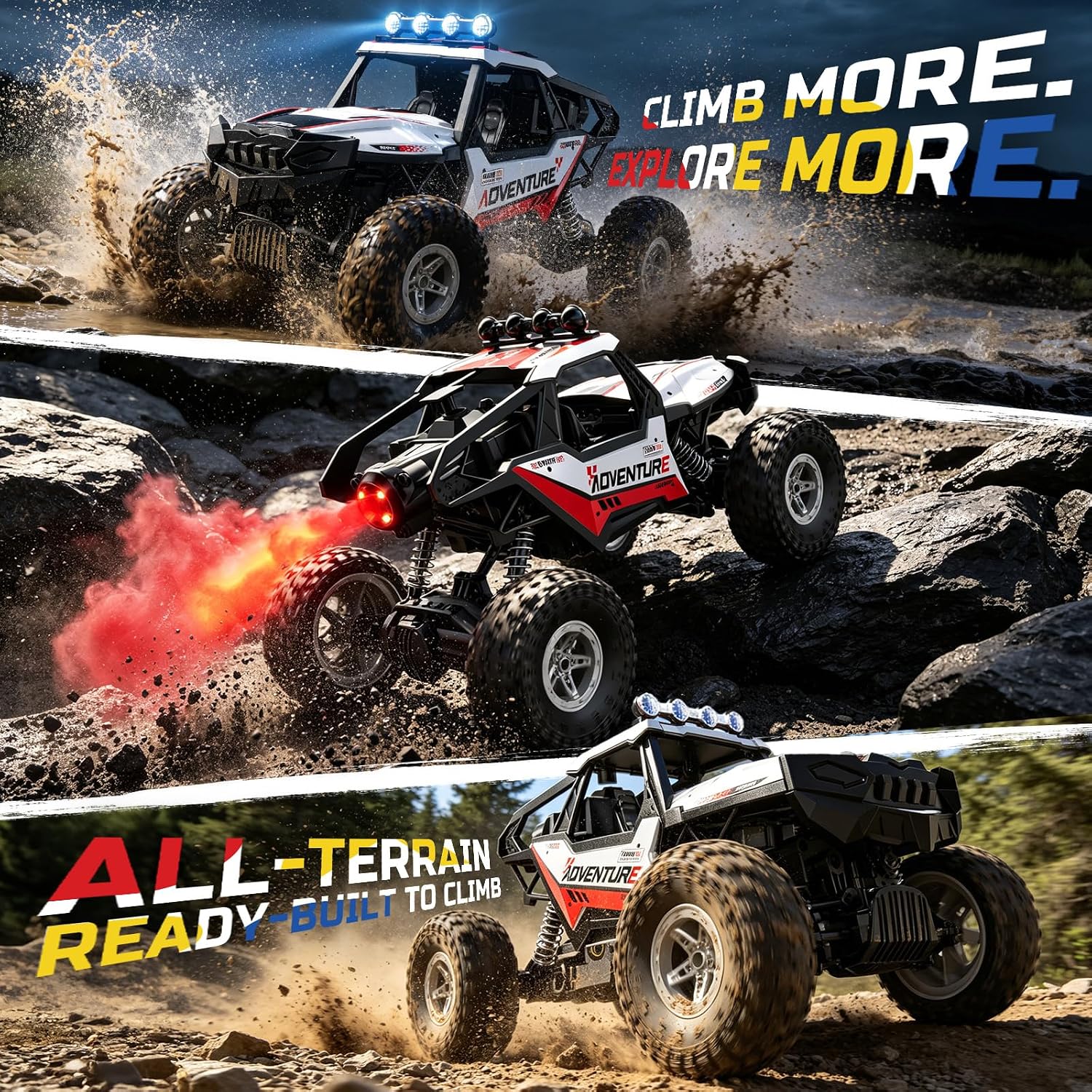 DEERC DE125 1:14 RC Car for Kids,4WD Remote Control Off-Road Monster Truck | RC Rock Crawler with Mist Spray,Metal Shell, LED Lights, 2.4GHz All-Terrain Car, 2 Batteries, Gifts for Beginners and boys