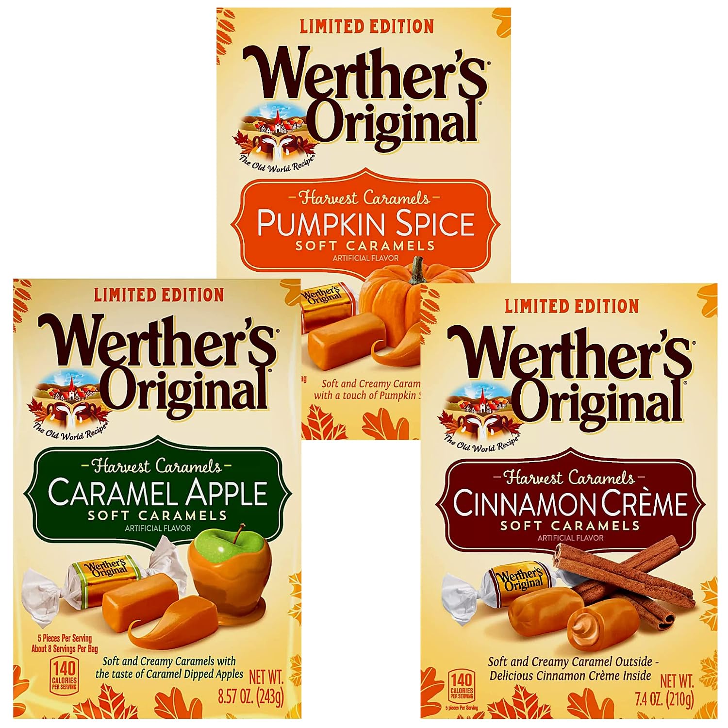 Werther's Original Limited Edition Harvest Soft Caramels - Pumpkin Spice, Caramel Apple, & Cinnamon Creme (8.57 Oz) ( 3 Pack)