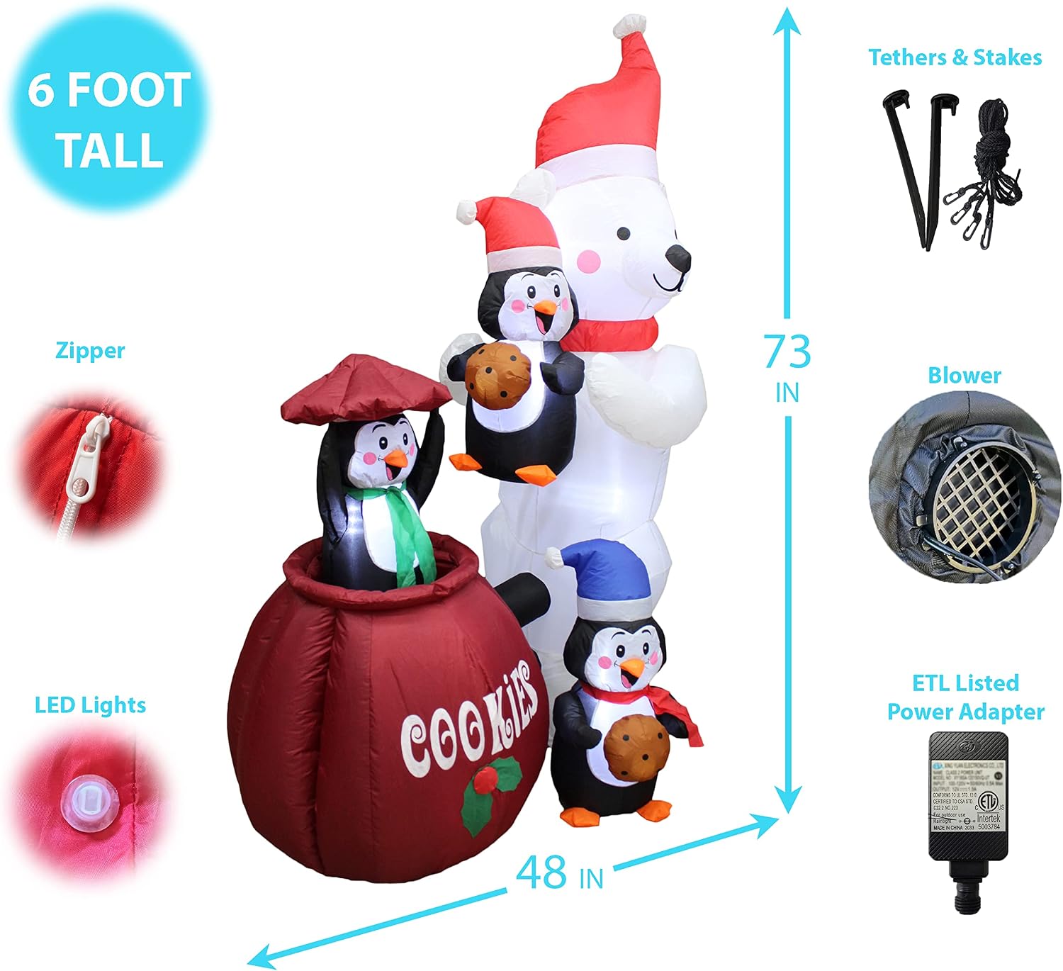 6 Foot Tall Animated Christmas Inflatable Polar Bear and Three Penguins