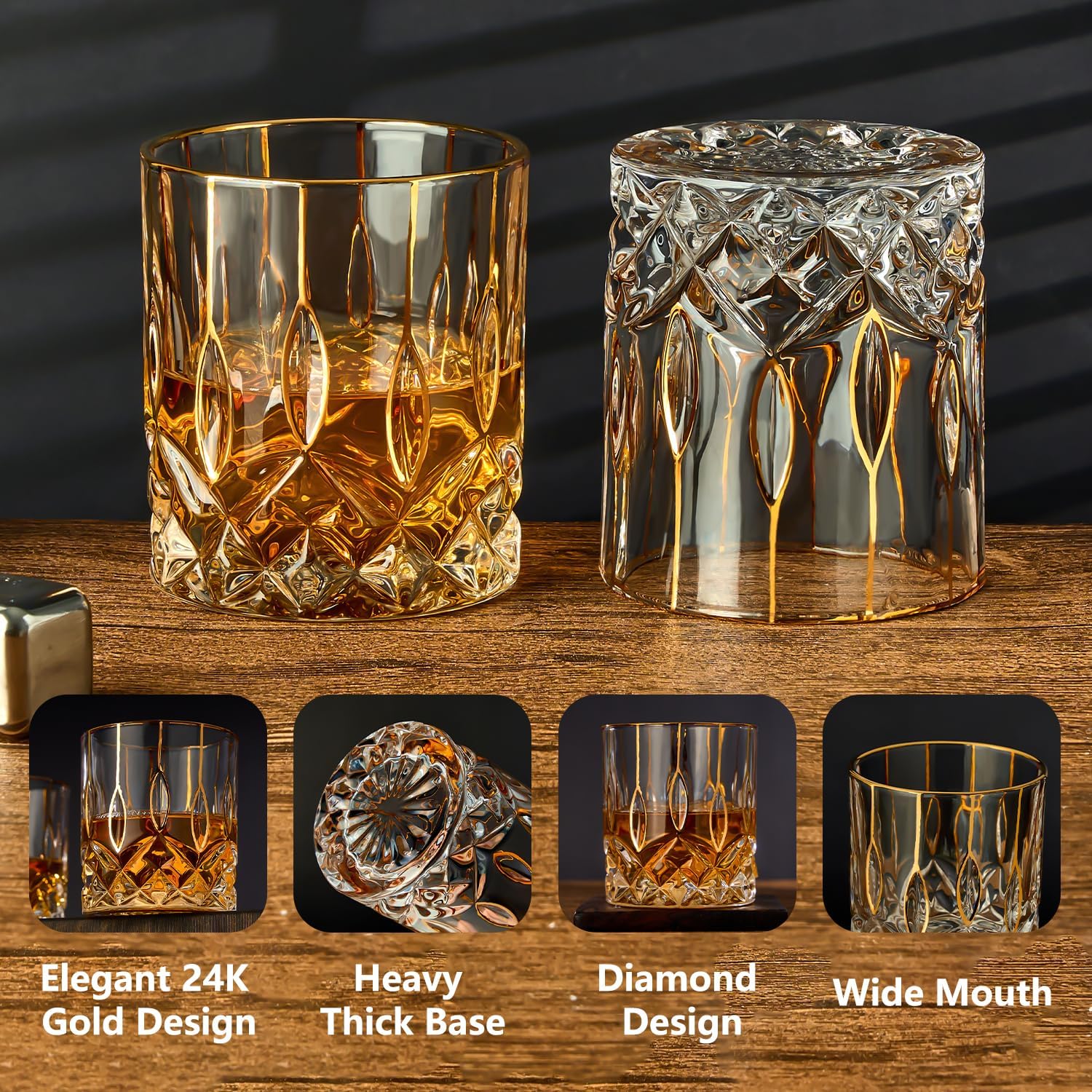 GLASKEY 12 oz Storm Japanese Whiskey Glasses Set of 4, Unique Cognac Glasses, Heavy Thick Bottom Bar Glass for Scotch Bourbon Rum Gin Water Cocktail,Gifts Men Gifts Ideas