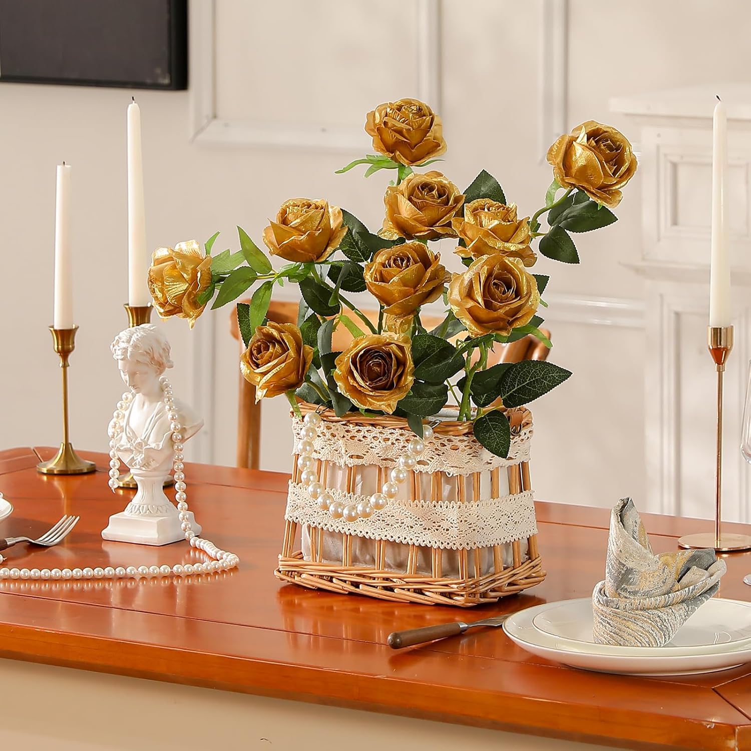 Hawesome 12PCS Artificial Silk Flowers Realistic Roses Bouquet Long Stem for Home Wedding Decoration Party (Yellow, 6 Flowers 6 Buds)